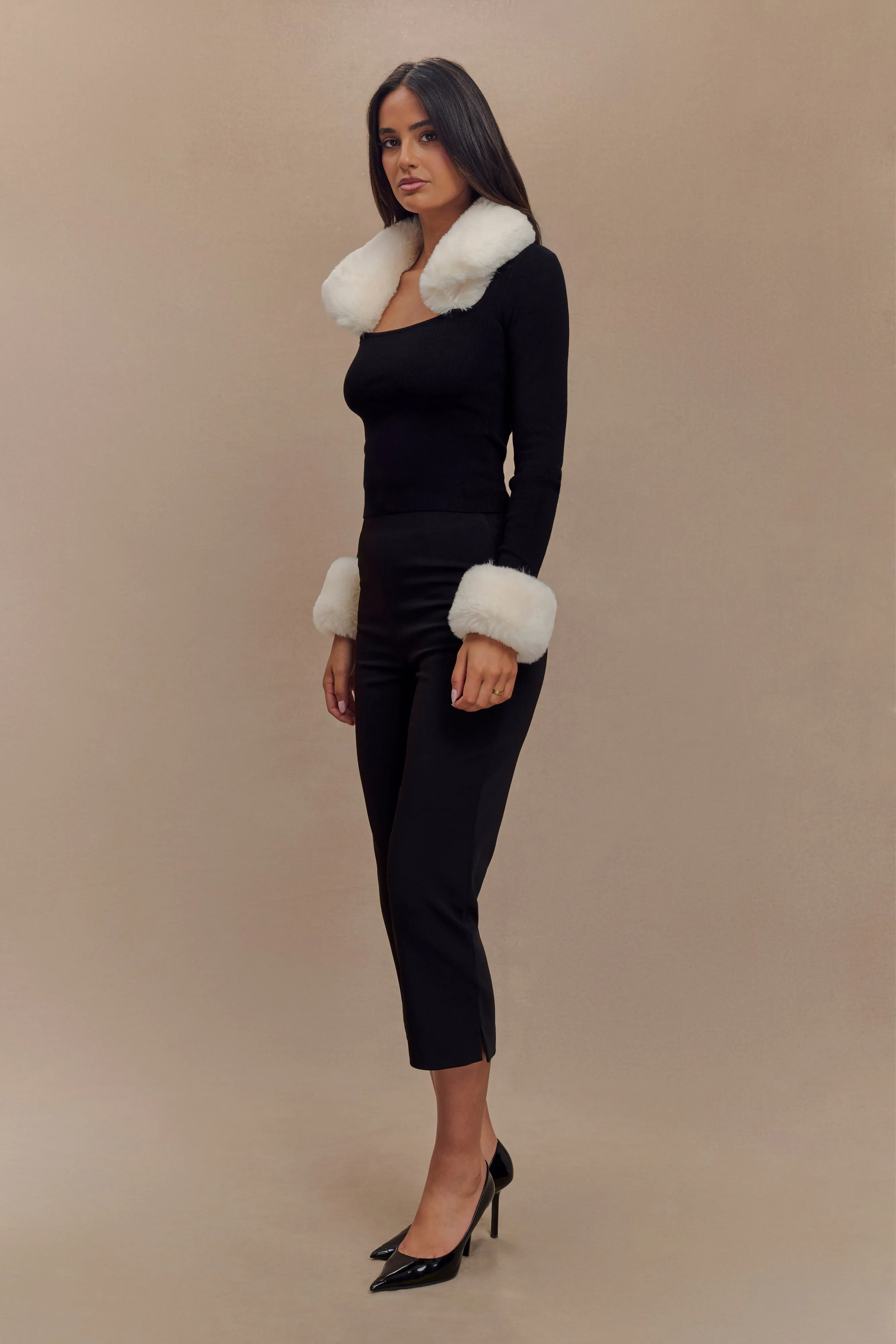 Cressida Faux Fur Knit Long Sleeve Top - Black/White sold by Meshki product image thumbnail 3