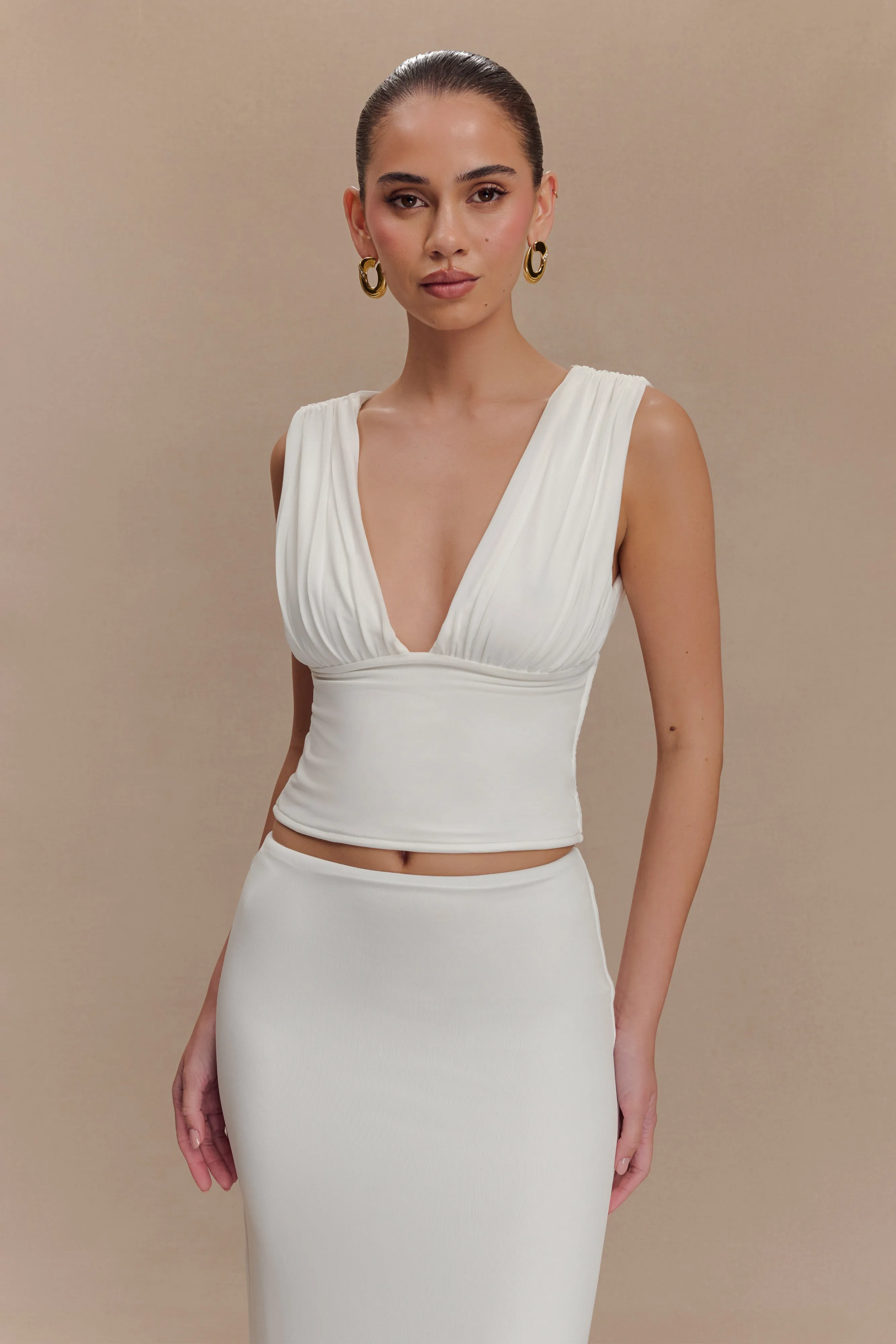 Kerrigan Slinky Ruched Sleeveless Top - White sold by Meshki