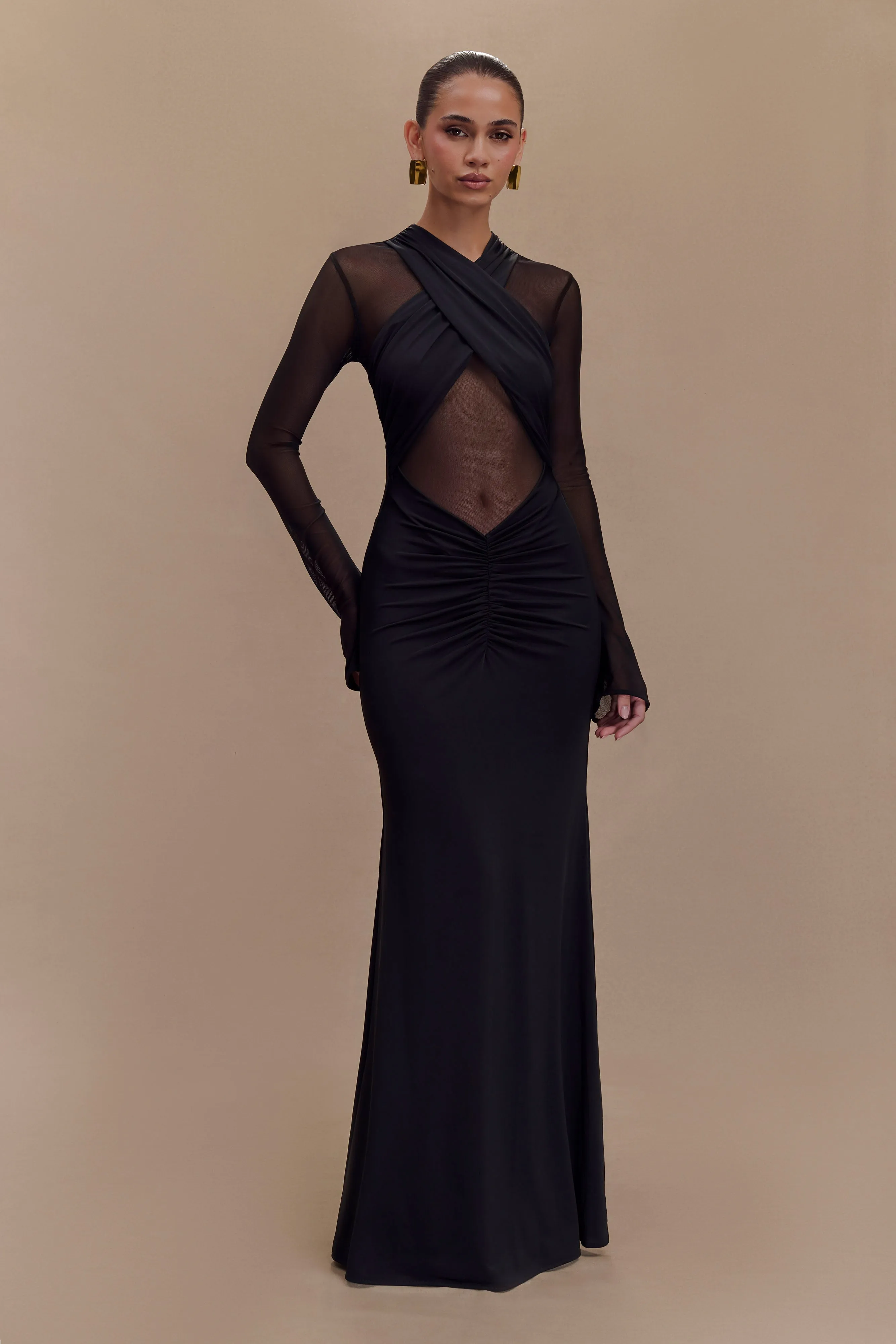 Tania Slinky And Mesh Long Sleeve Maxi Dress - Black sold by Meshki product image thumbnail 5