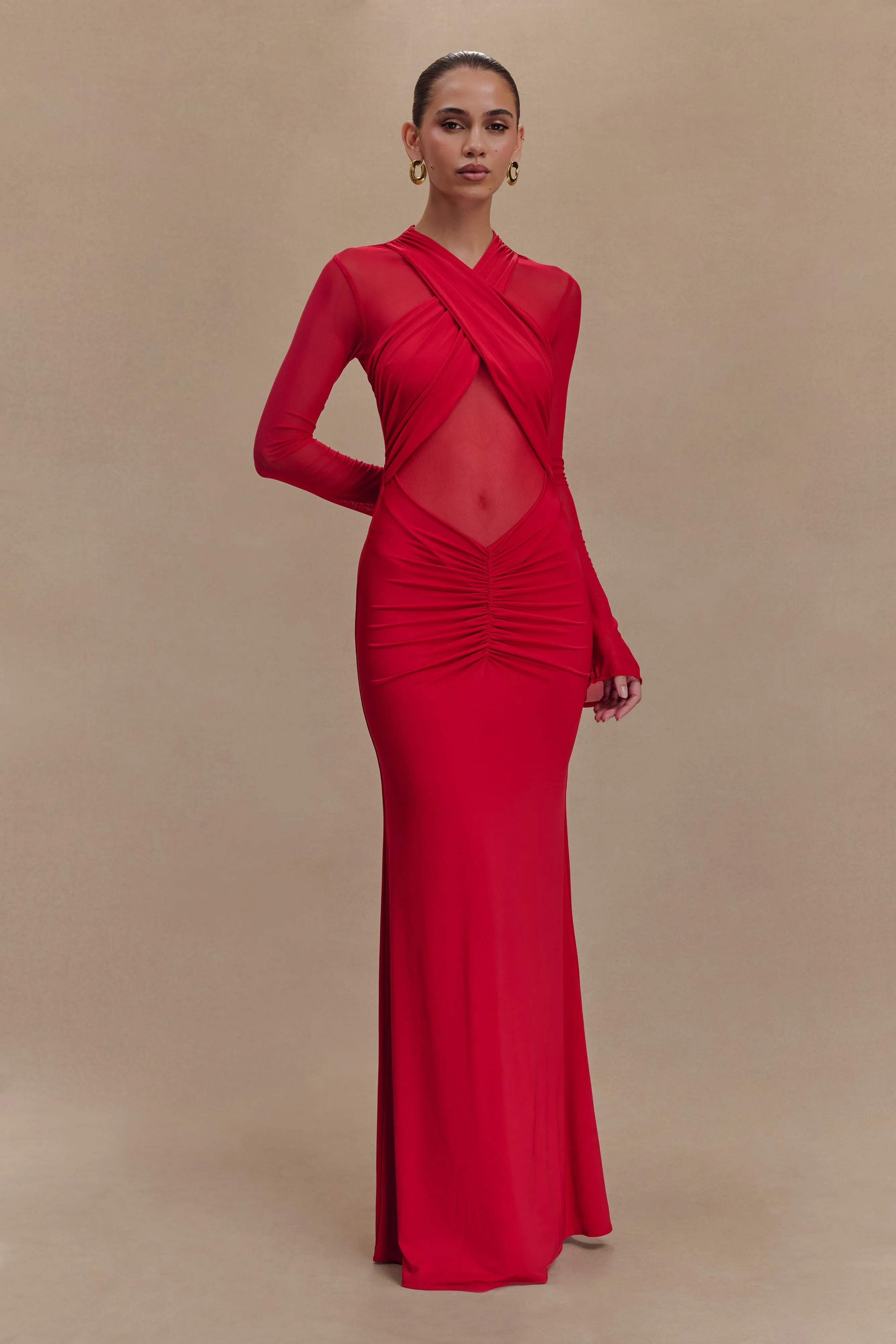 Tania Slinky And Mesh Long Sleeve Maxi Dress - Ruby sold by Meshki product image thumbnail 5