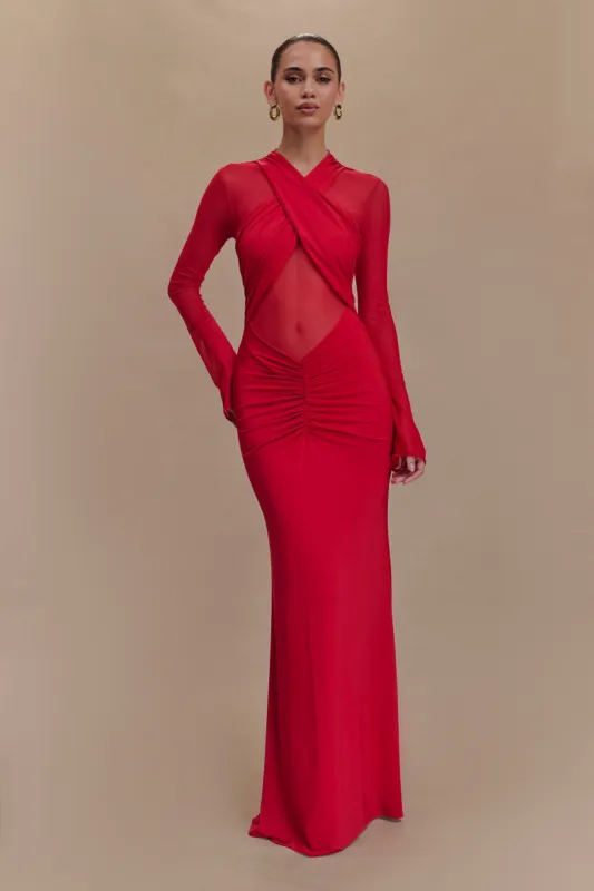 Tania Slinky And Mesh Long Sleeve Maxi Dress - Ruby sold by Meshki