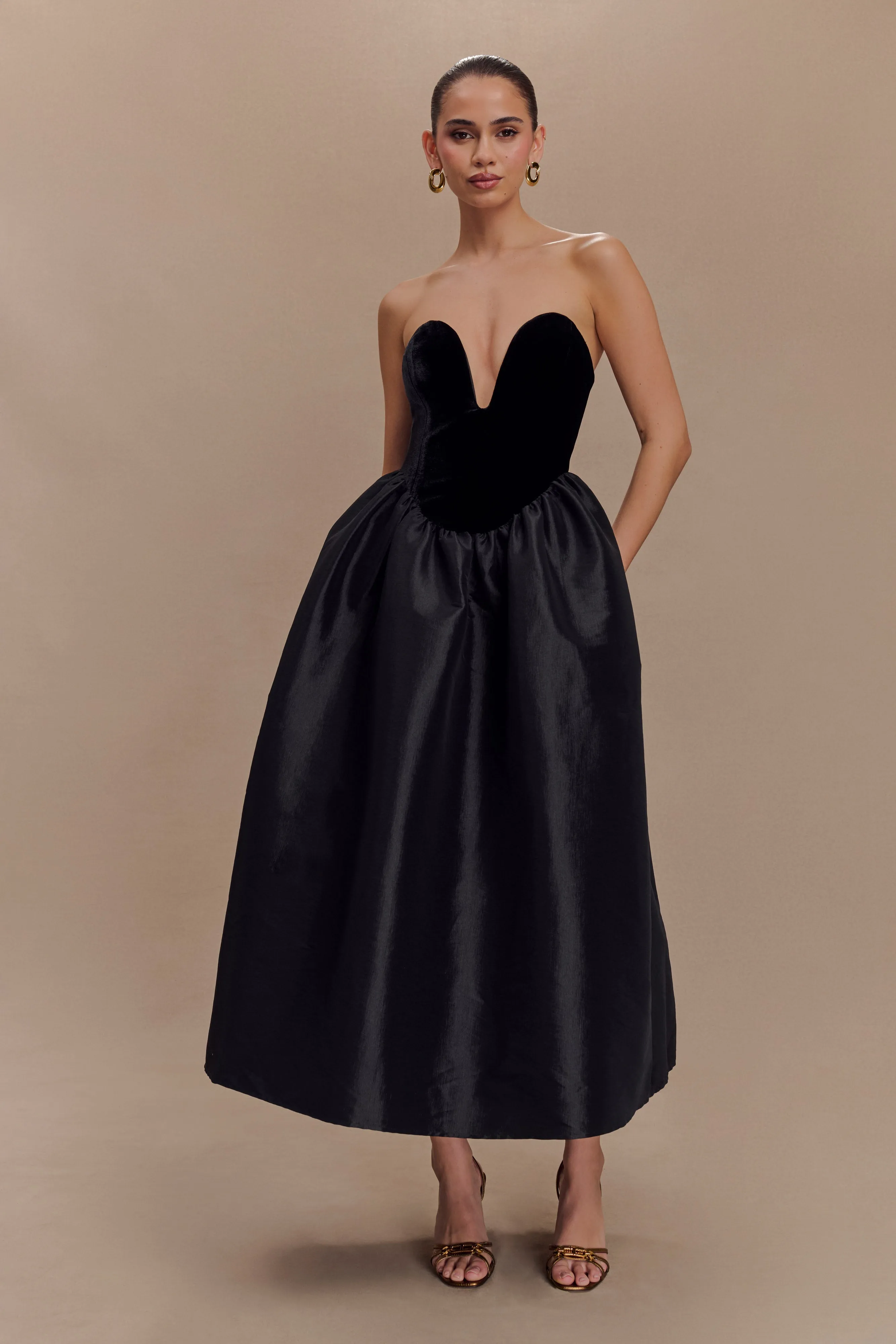 Flora Strapless Velvet Midi Dress - Black sold by Meshki