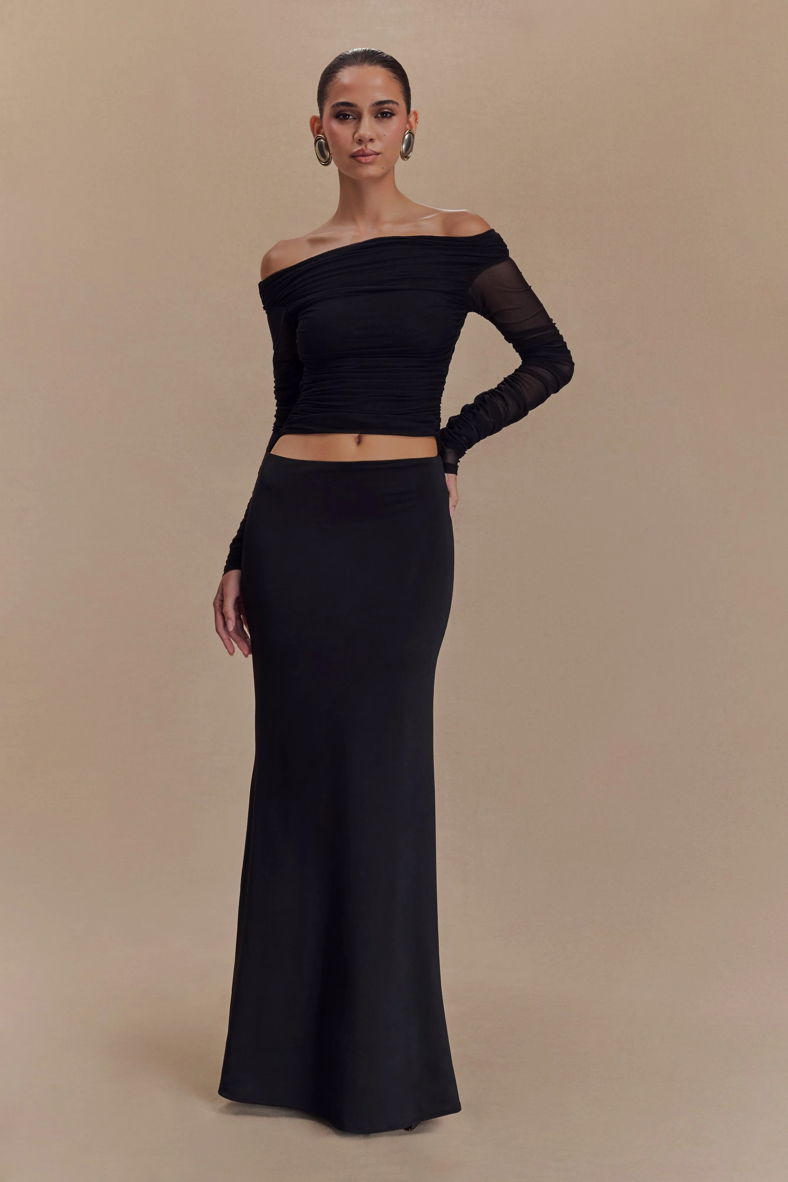 Darla Mesh And Slinky Off Shoulder Maxi Dress - Black sold by Meshki