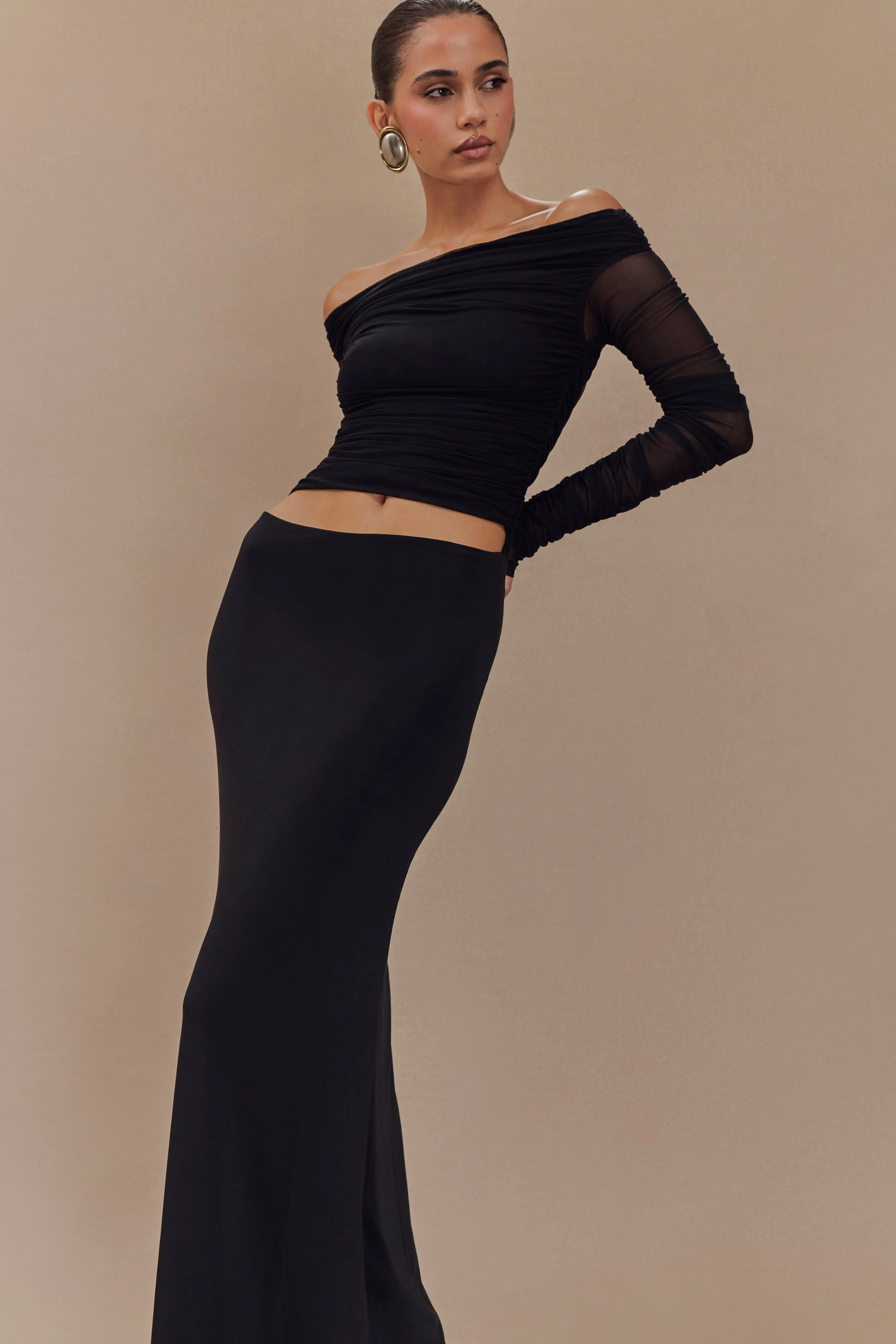 Darla Mesh And Slinky Off Shoulder Maxi Dress - Black sold by Meshki product image thumbnail 3