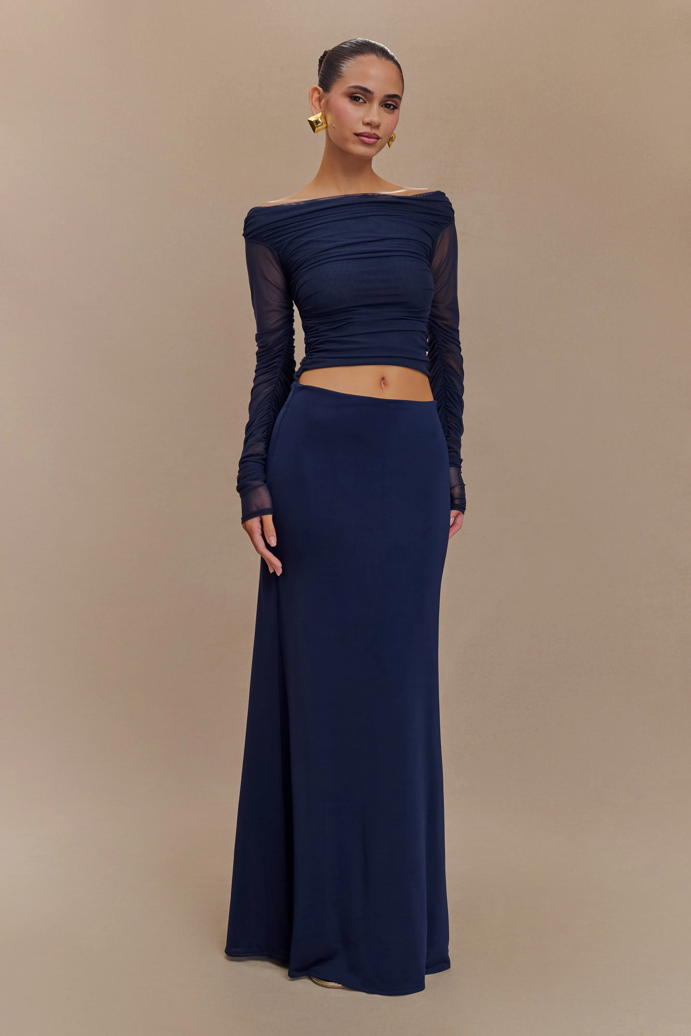 Darla Mesh And Slinky Off Shoulder Maxi Dress - Dark Navy sold by Meshki product image thumbnail 4