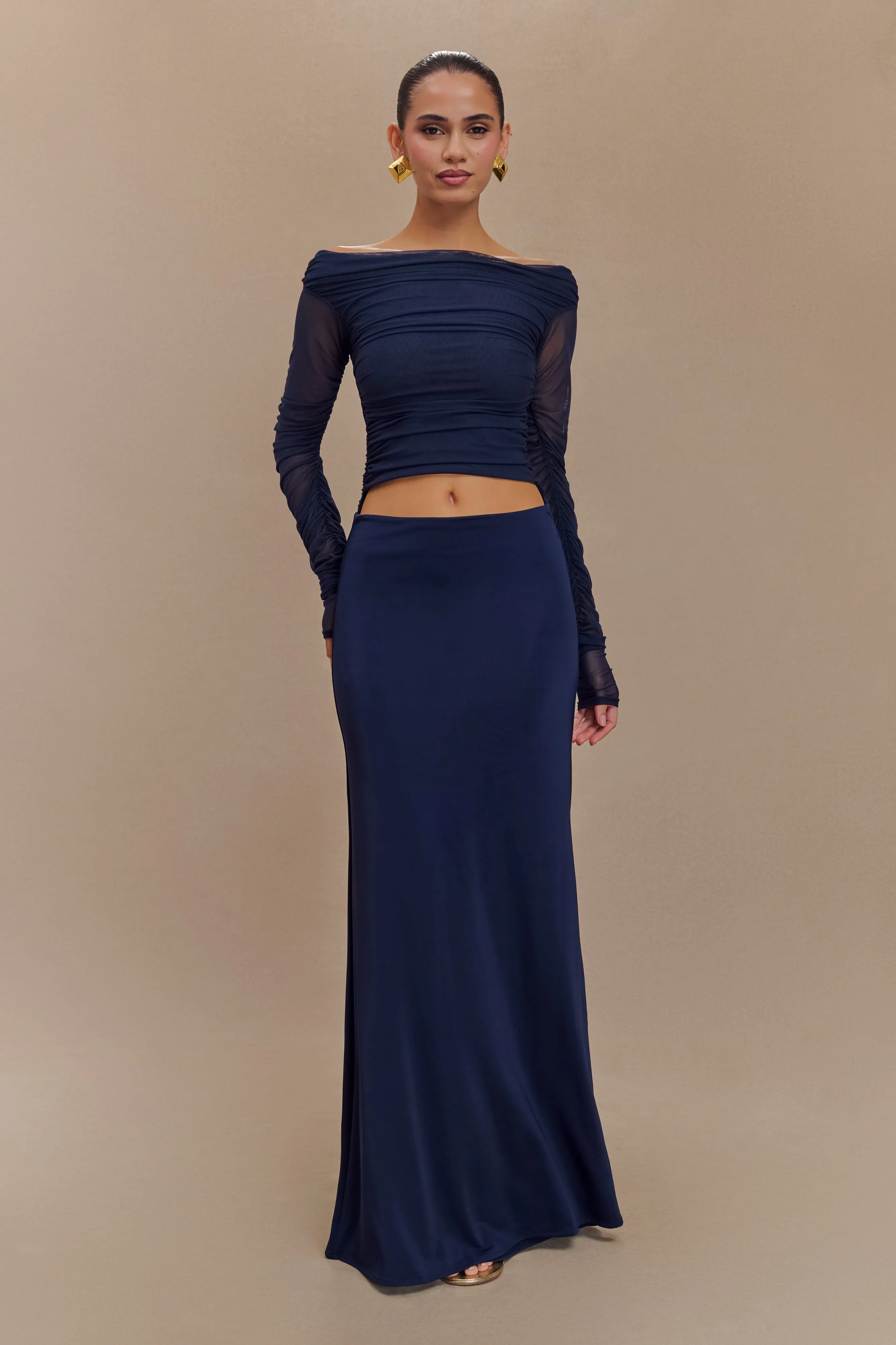 Darla Mesh And Slinky Off Shoulder Maxi Dress - Dark Navy sold by Meshki