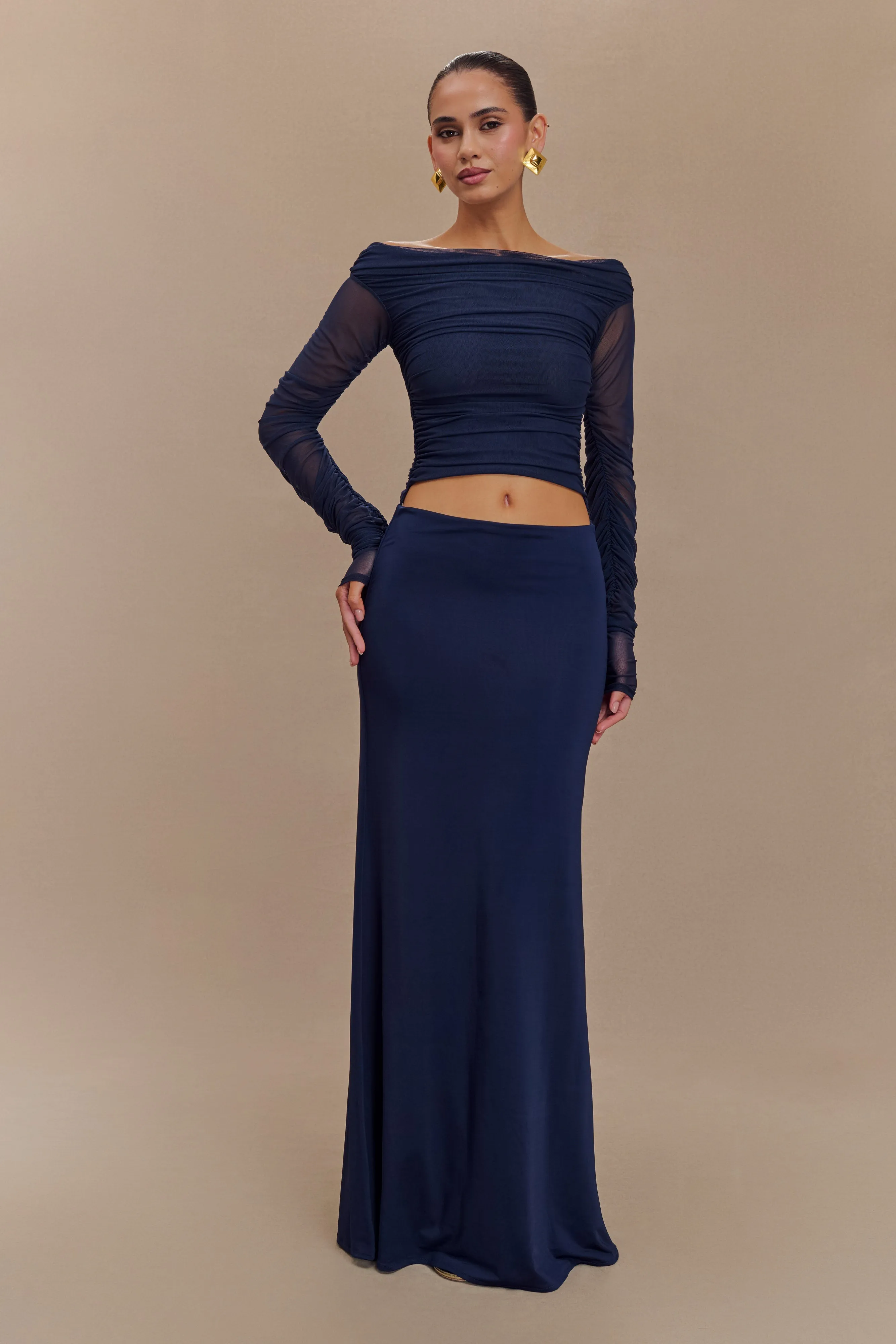 Darla Mesh And Slinky Off Shoulder Maxi Dress - Dark Navy sold by Meshki product image thumbnail 5
