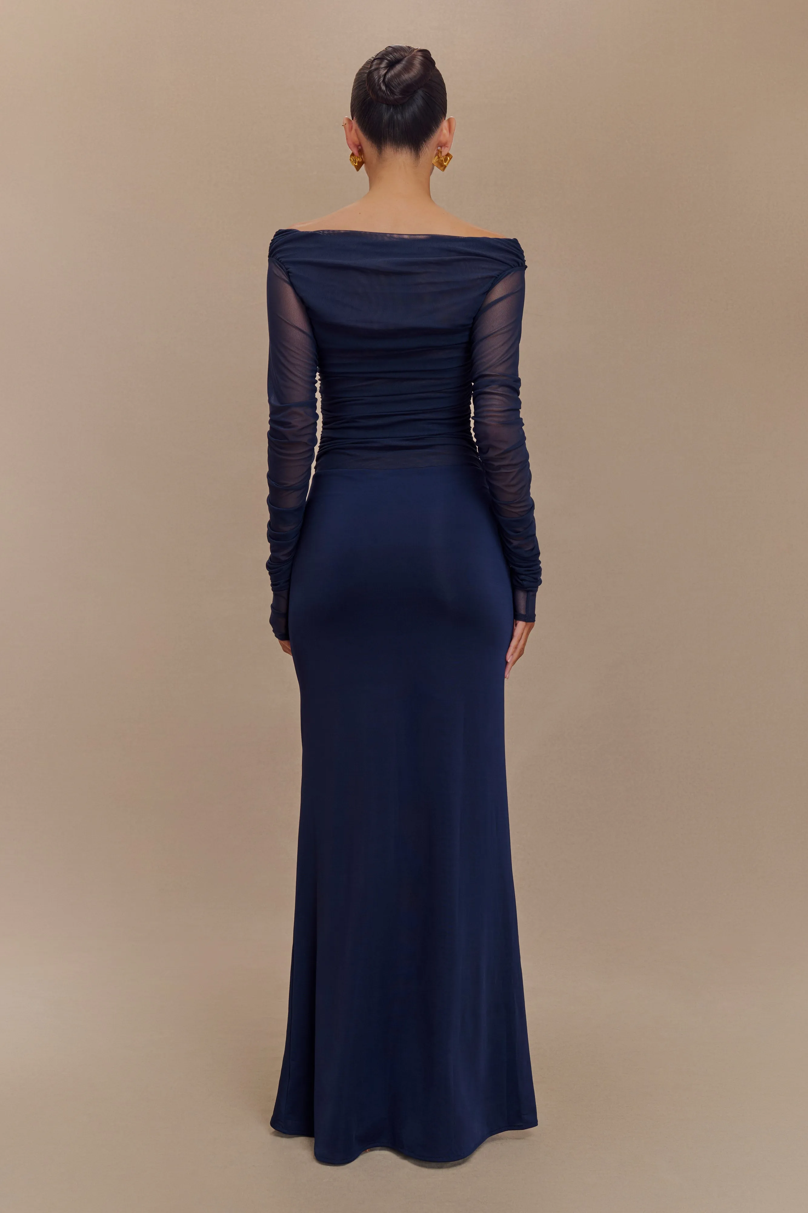 Darla Mesh And Slinky Off Shoulder Maxi Dress - Dark Navy sold by Meshki product image thumbnail 2