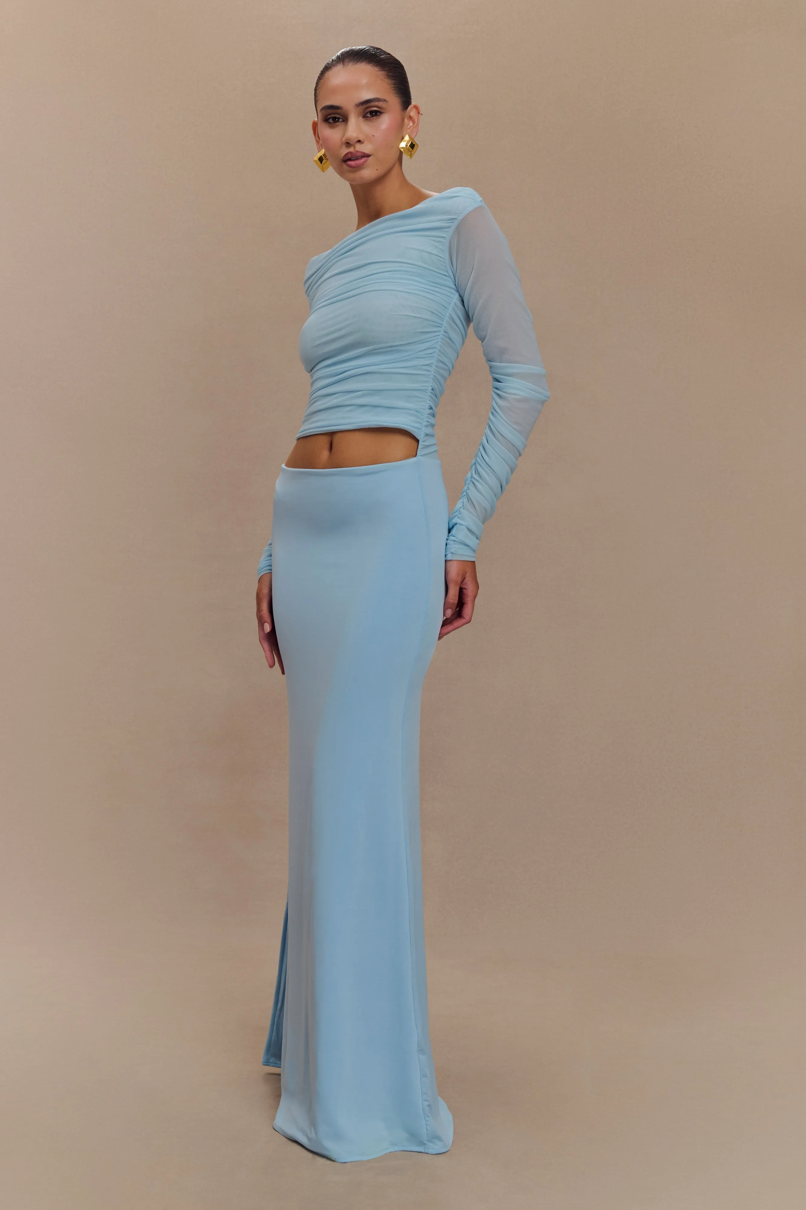 Darla Mesh And Slinky Off Shoulder Maxi Dress - Sky Blue sold by Meshki product image thumbnail 4