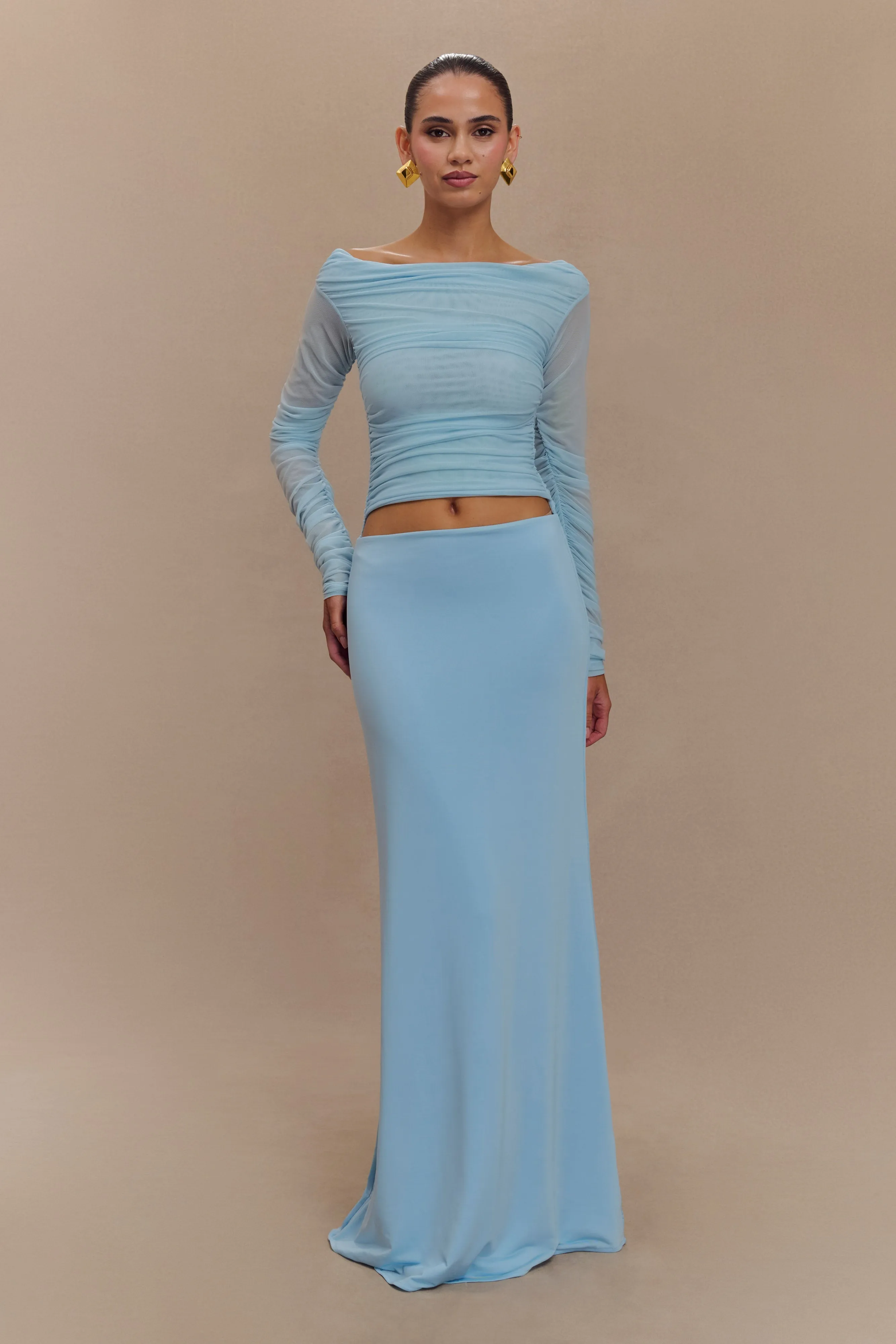 Darla Mesh And Slinky Off Shoulder Maxi Dress - Sky Blue sold by Meshki
