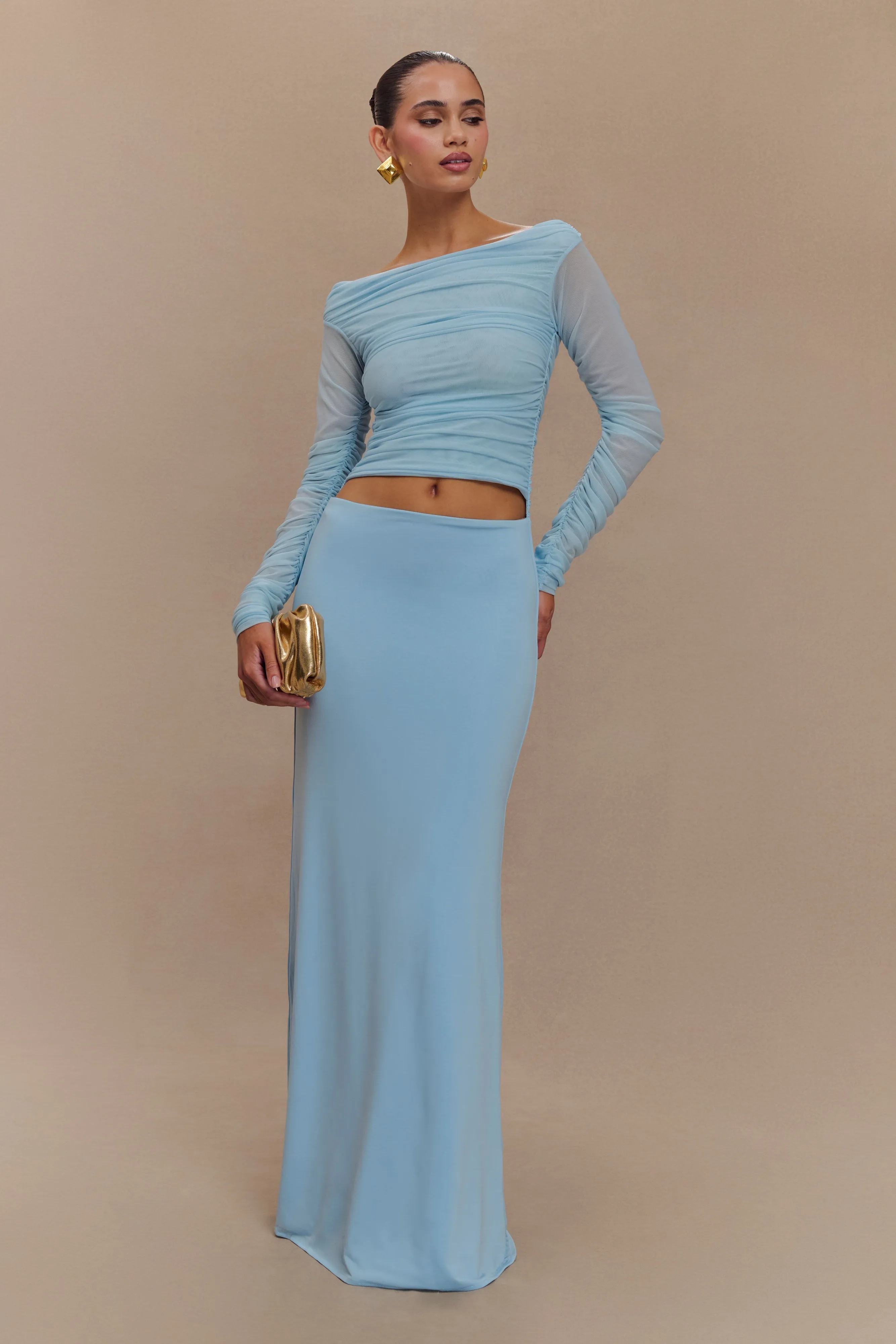 Darla Mesh And Slinky Off Shoulder Maxi Dress - Sky Blue sold by Meshki product image thumbnail 5
