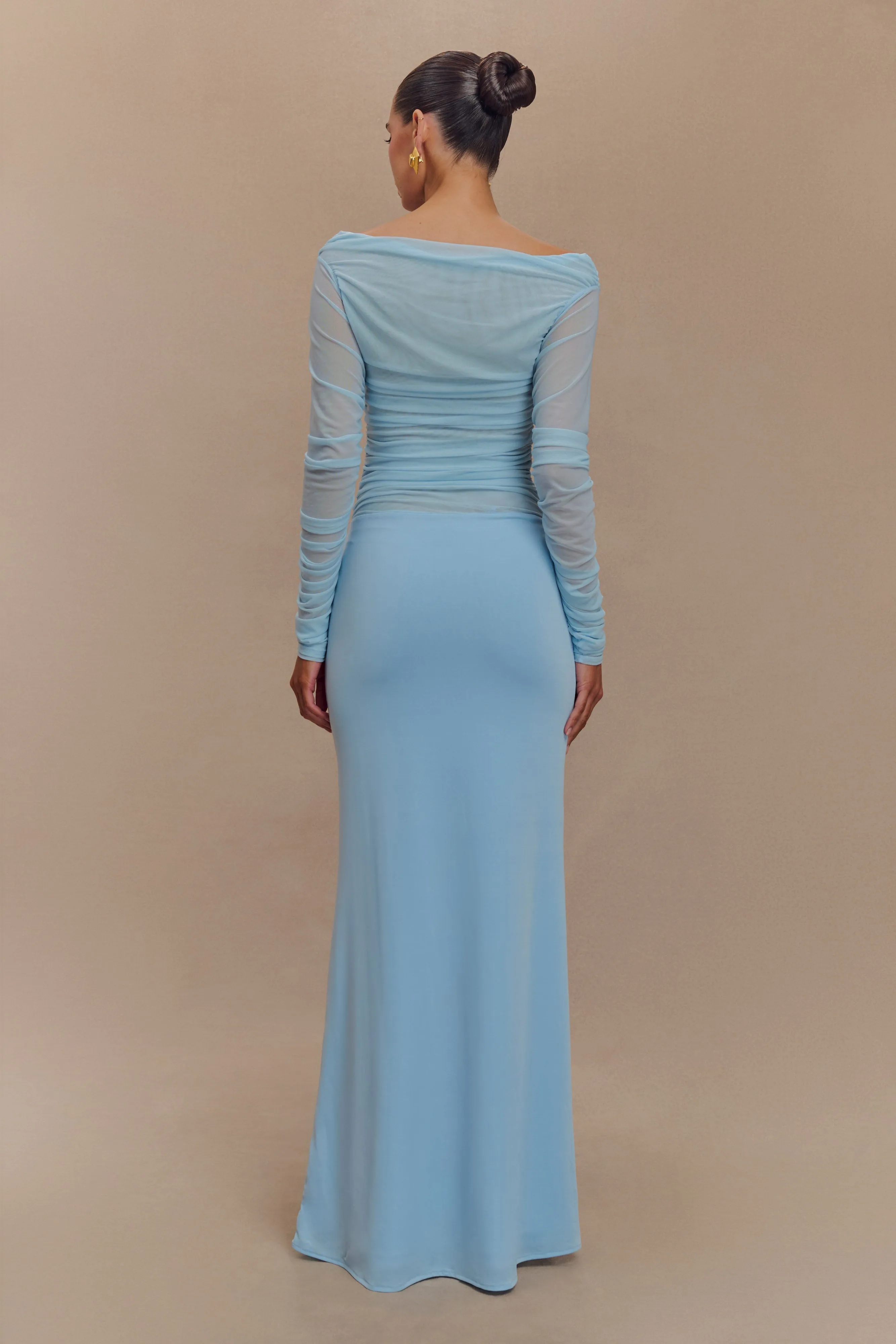 Darla Mesh And Slinky Off Shoulder Maxi Dress - Sky Blue sold by Meshki product image thumbnail 2