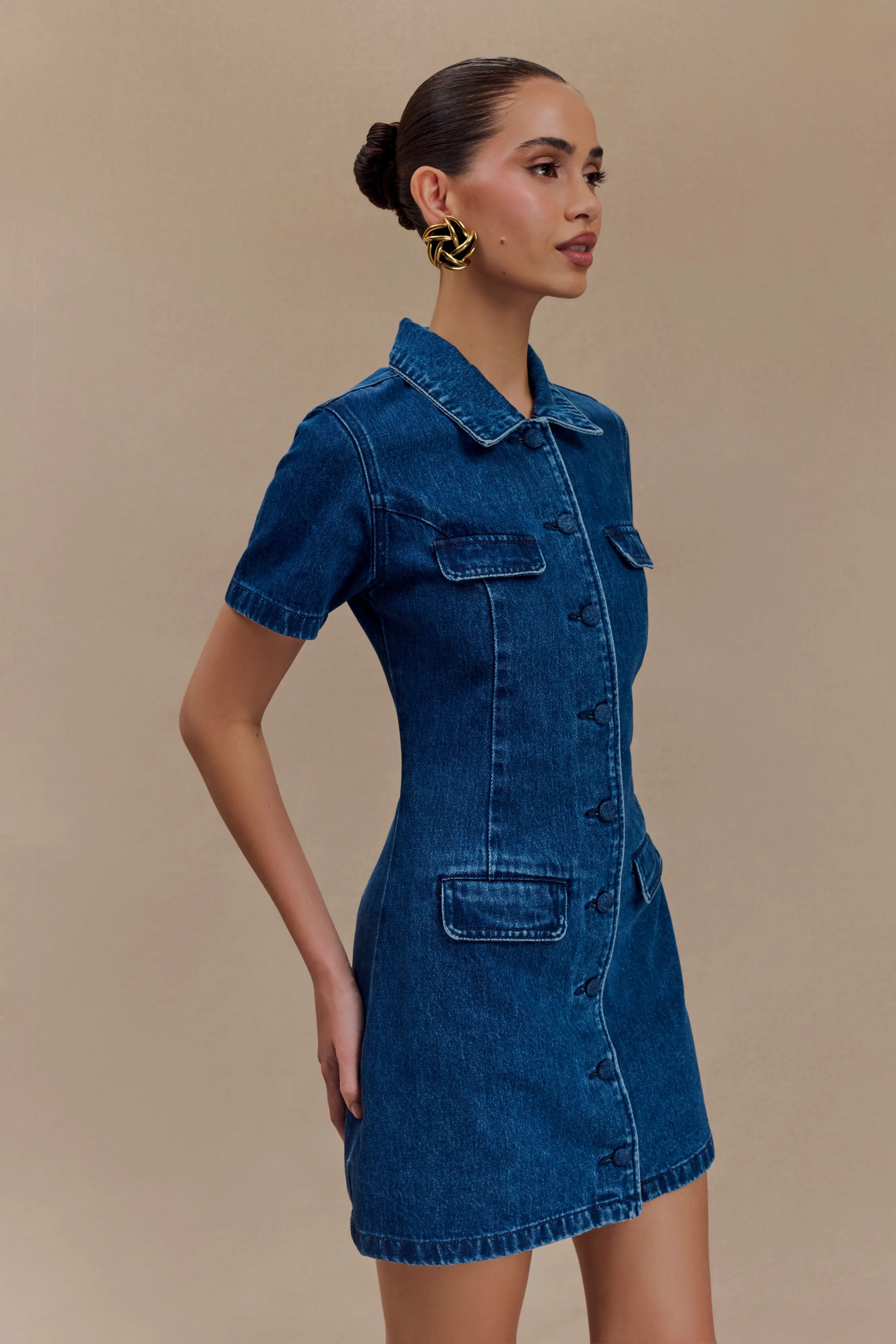 Leighton Denim Button Down Mini Dress - Dark Blue sold by Meshki product image thumbnail 3