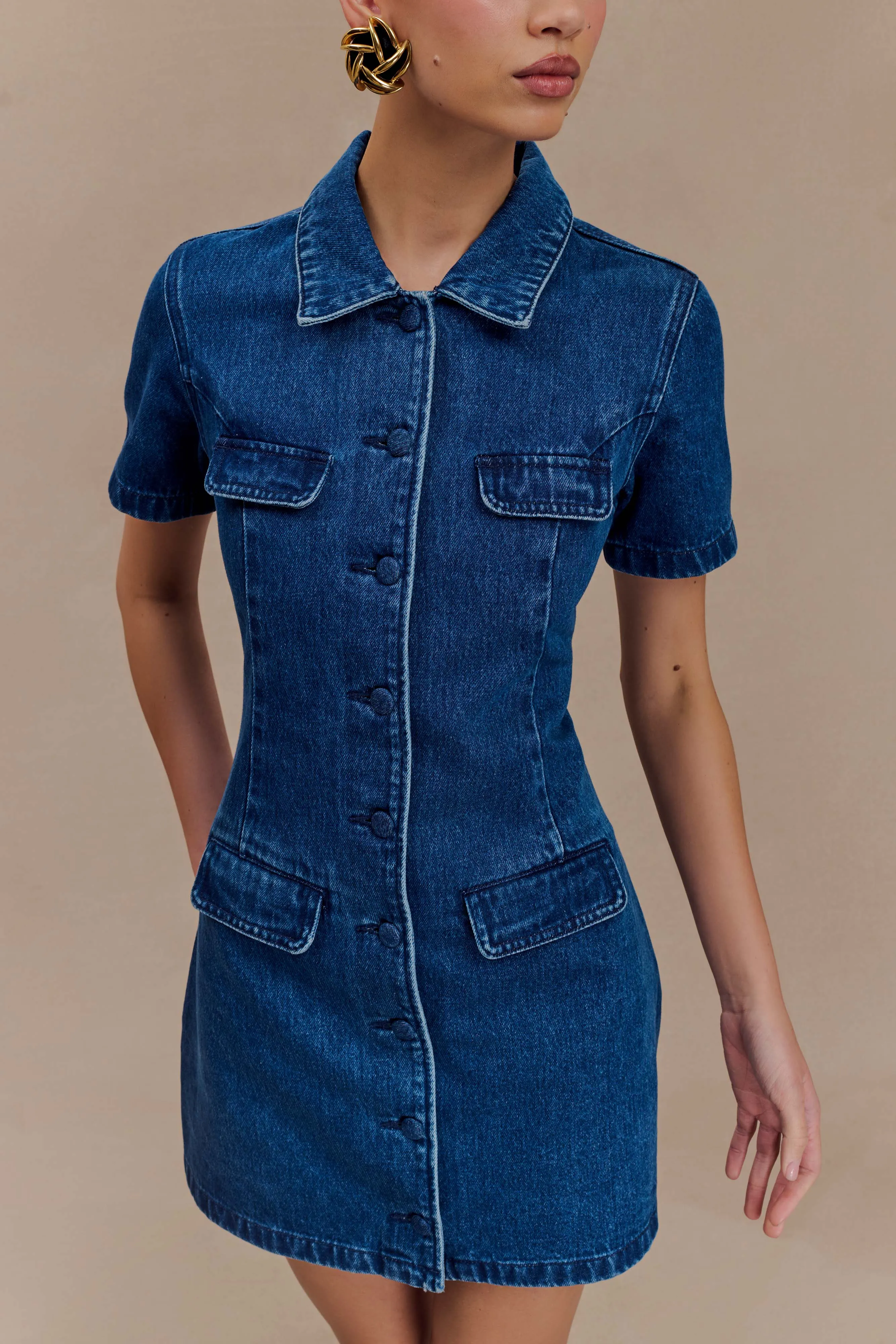 Leighton Denim Button Down Mini Dress - Dark Blue sold by Meshki product image thumbnail 4