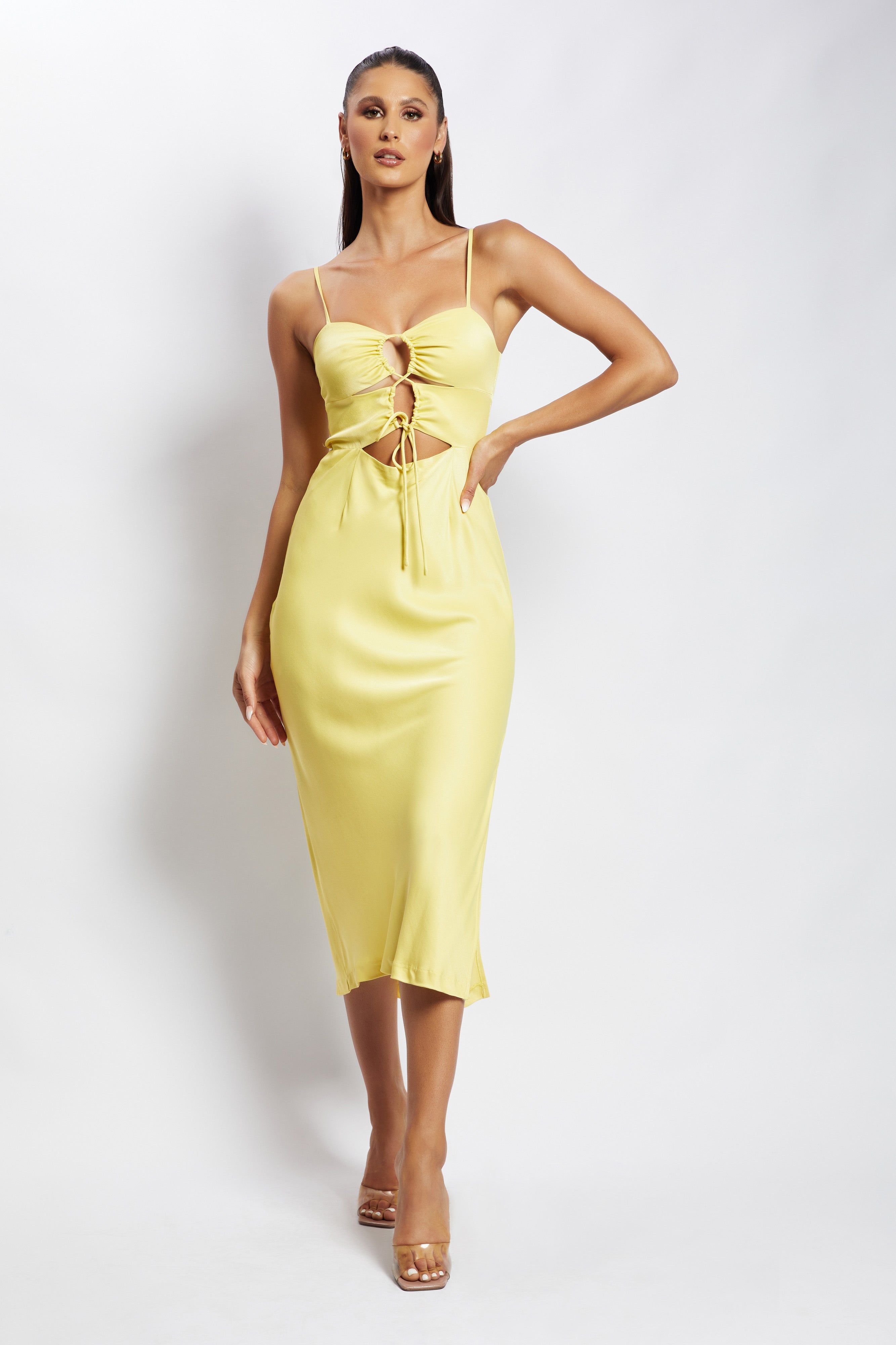 Cassie Ruched Cut Out Midi Dress - Yellow sold by Meshki