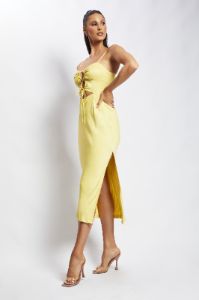 Cassie Ruched Cut Out Midi Dress - Yellow sold by Meshki