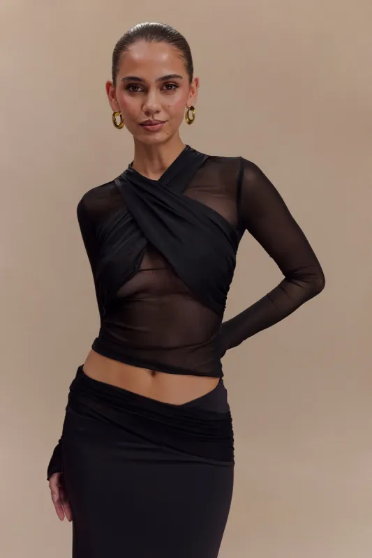 Tania Slinky And Mesh Long Sleeve Top - Black sold by Meshki