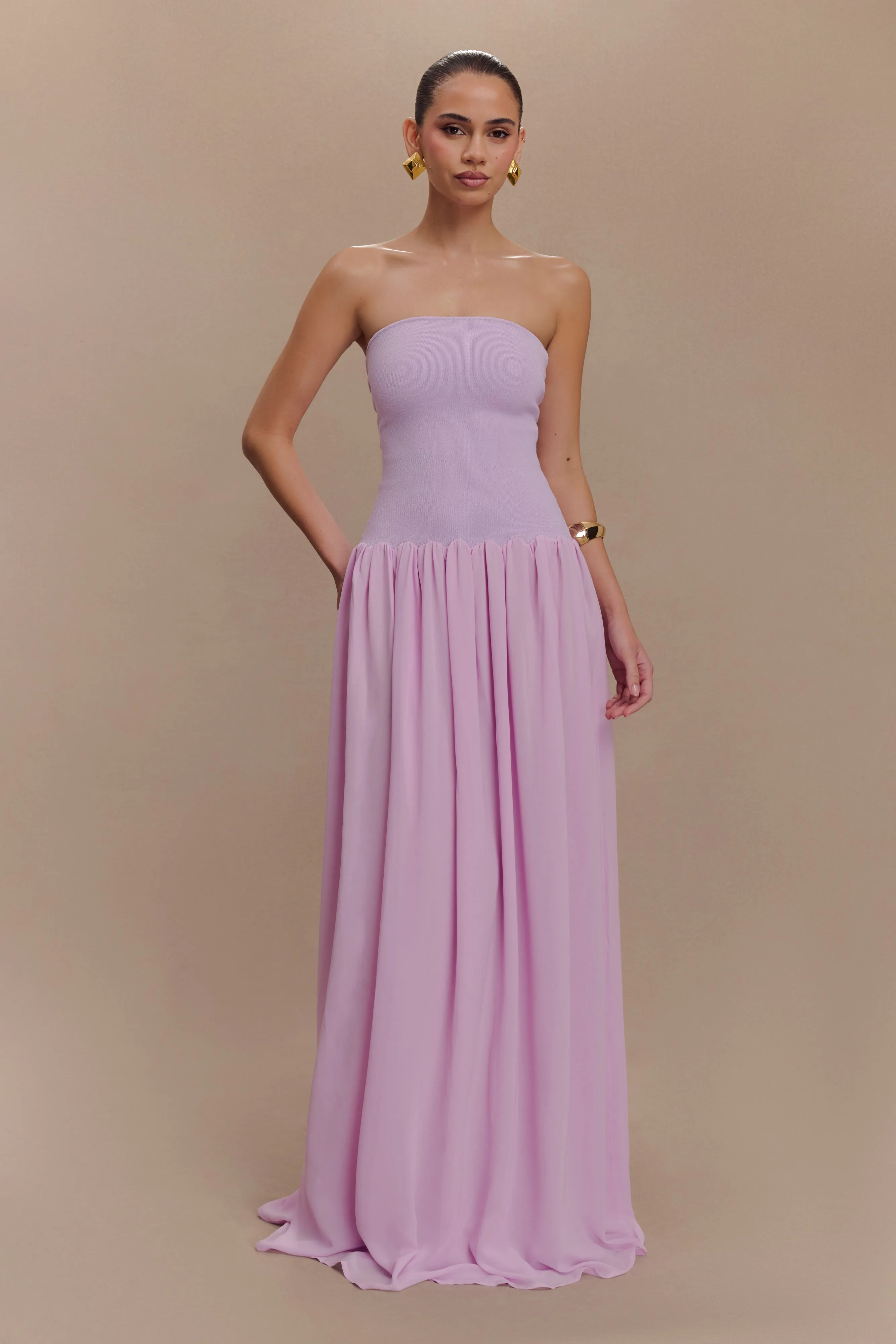 Lyanna Knit And Chiffon Strapless Maxi Dress - Lilac sold by Meshki