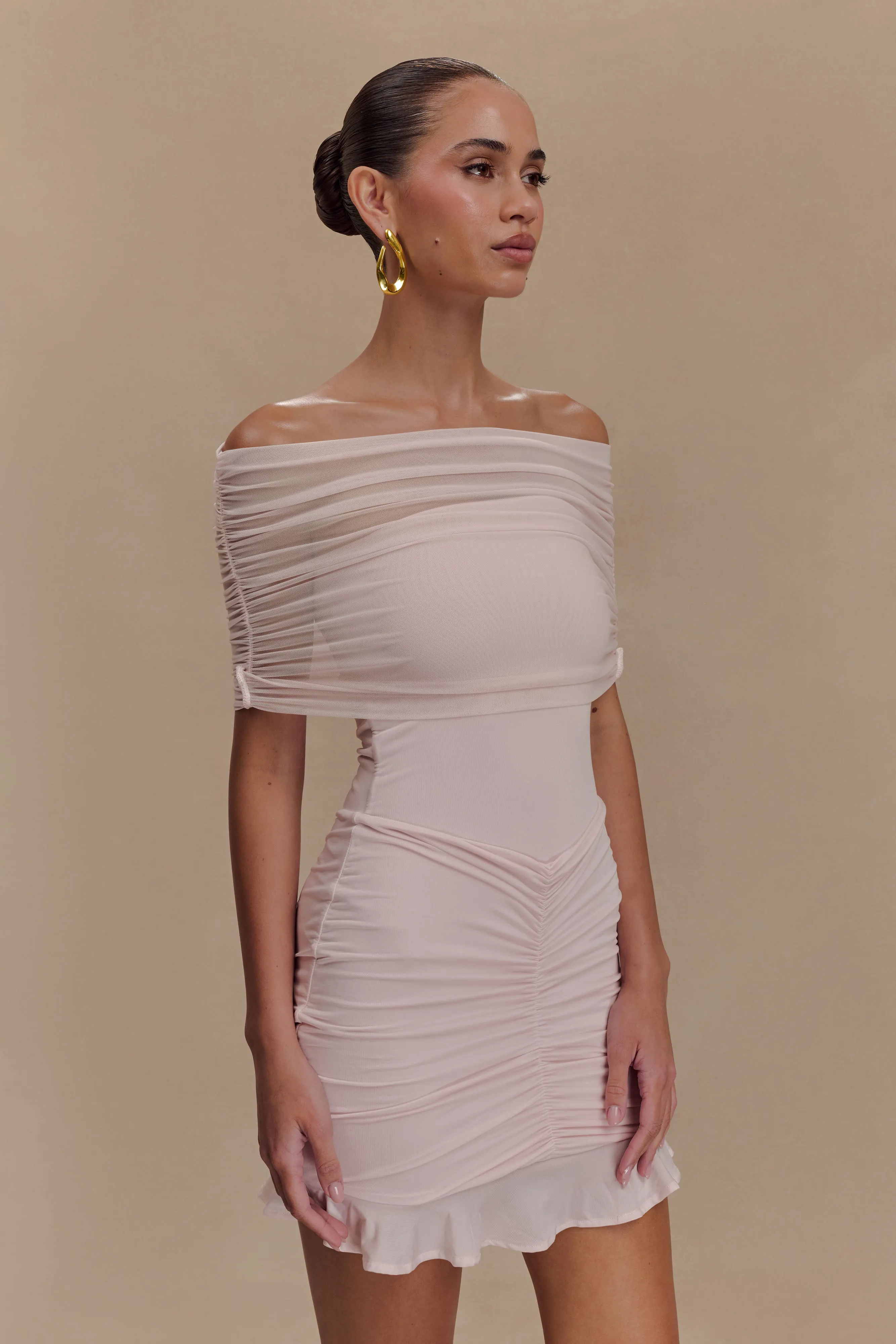 Caspian Slinky And Mesh Off Shoulder Mini Dress - Pale Pink sold by Meshki product image thumbnail 4