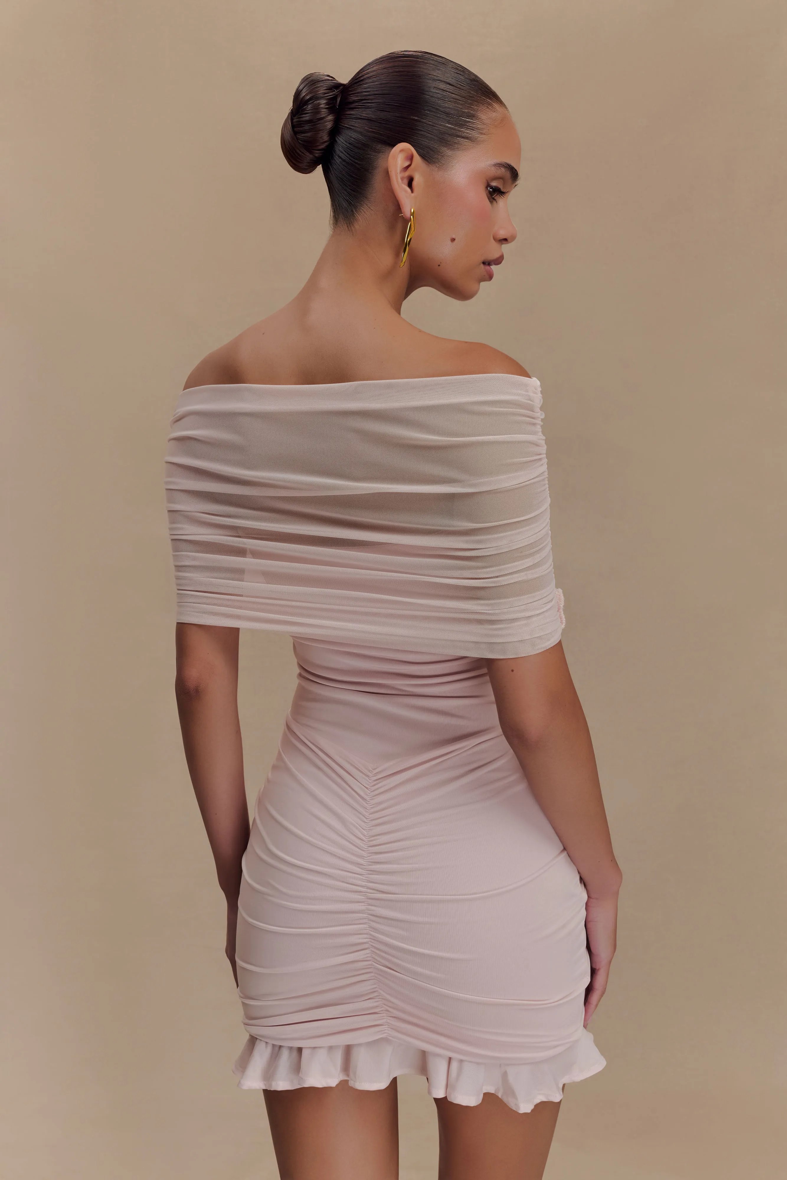 Caspian Slinky And Mesh Off Shoulder Mini Dress - Pale Pink sold by Meshki product image thumbnail 5