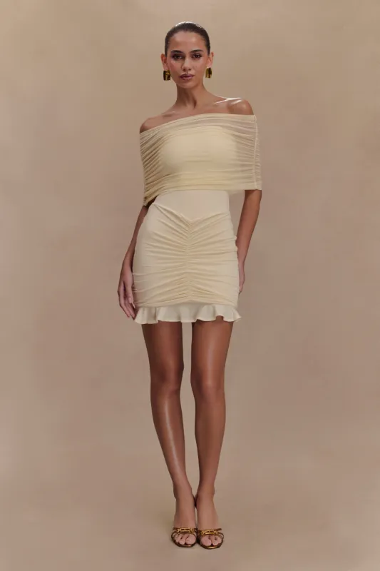 Caspian Slinky And Mesh Off Shoulder Mini Dress - Ivory sold by Meshki