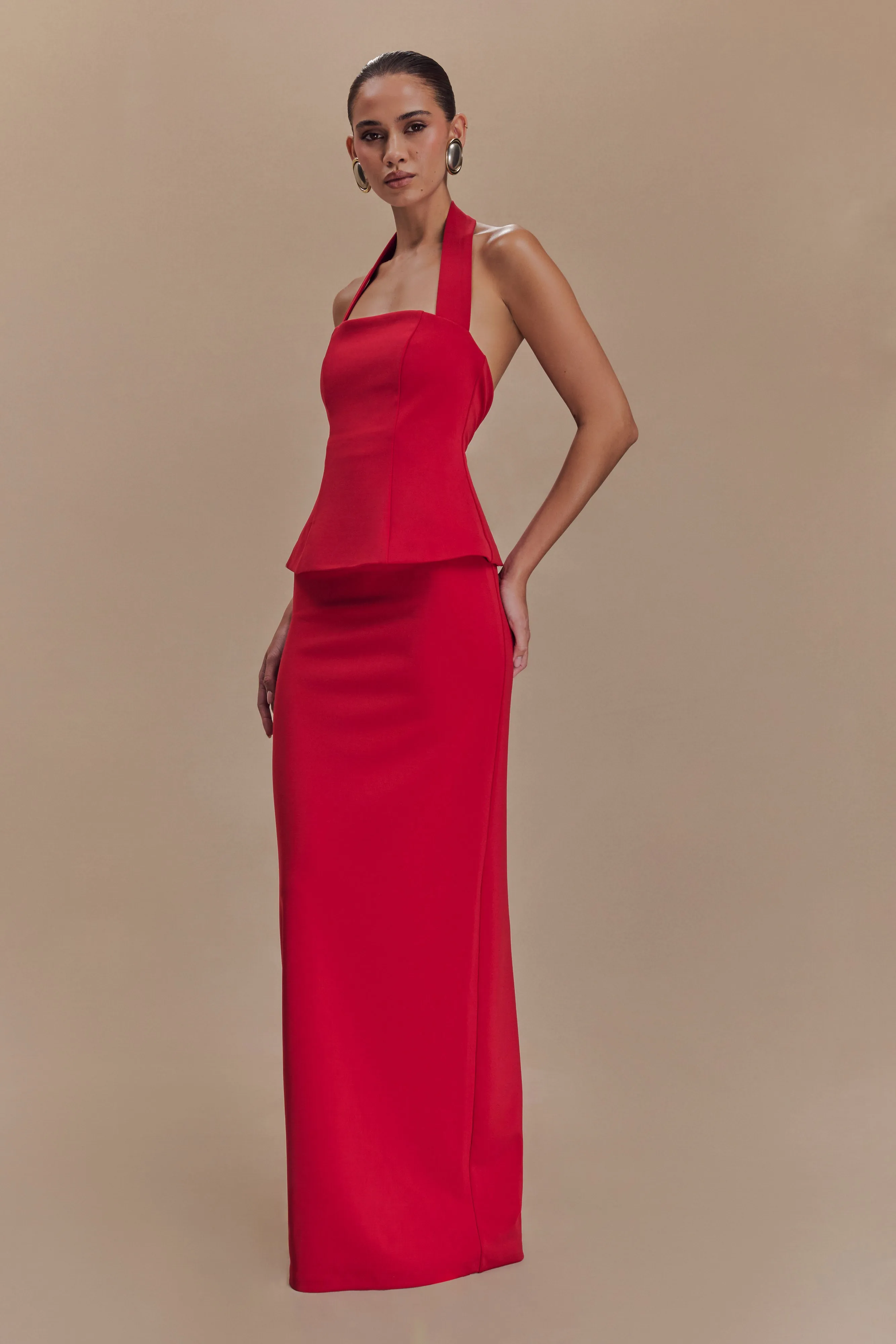 Bertie Peplum Halter Maxi Dress - Ruby Red sold by Meshki product image thumbnail 4