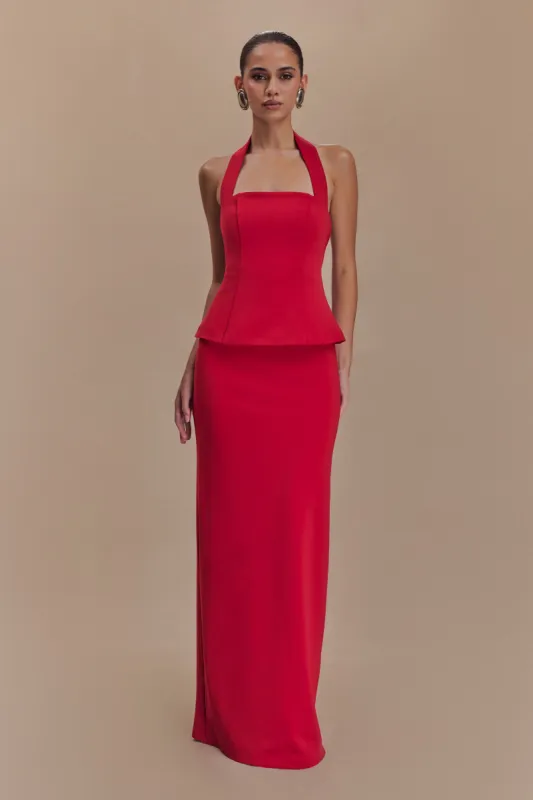 Bertie Peplum Halter Maxi Dress - Ruby Red sold by Meshki
