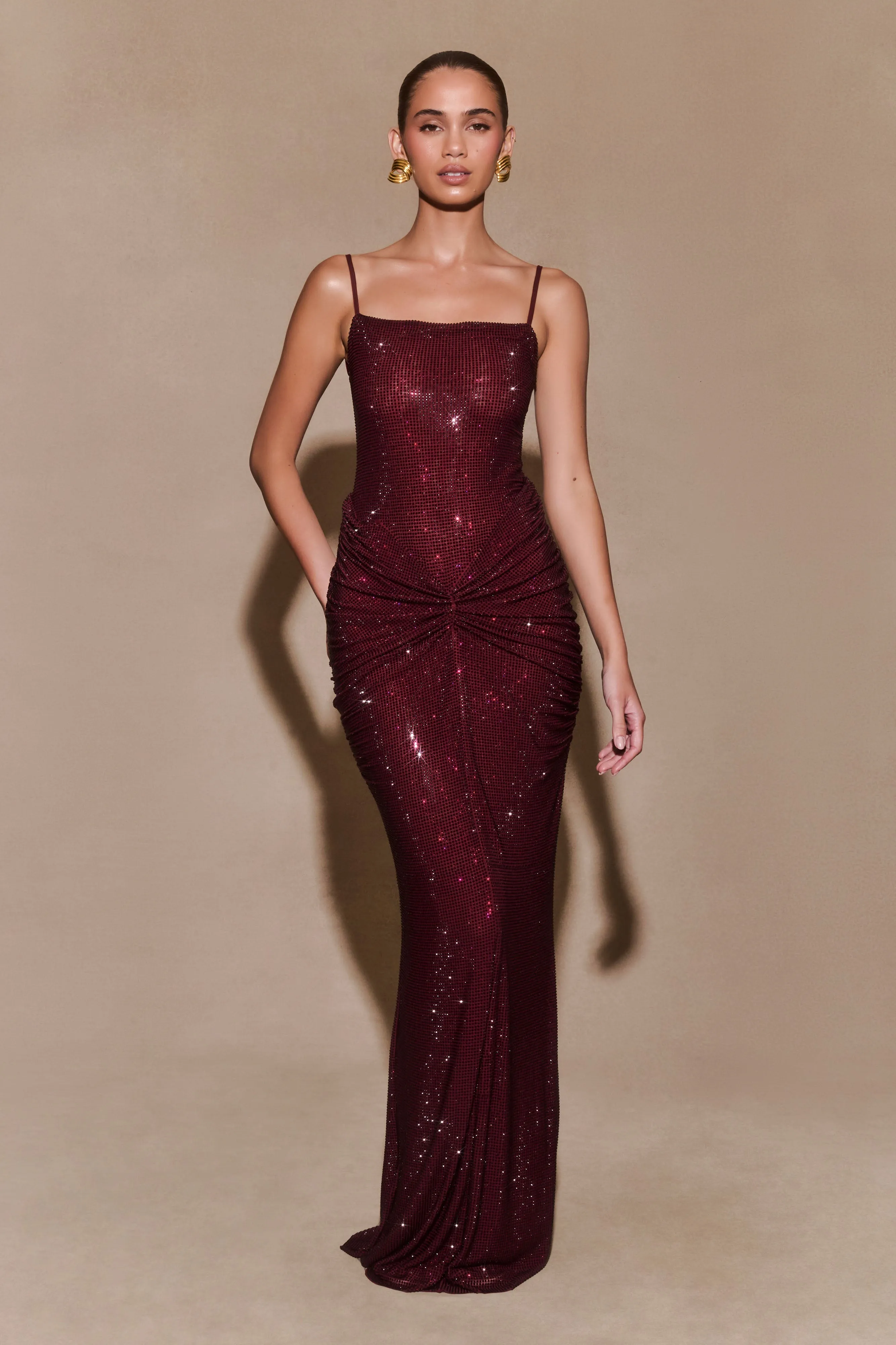 Roisin Diamante Satin Maxi Dress - Mahogany sold by Meshki
