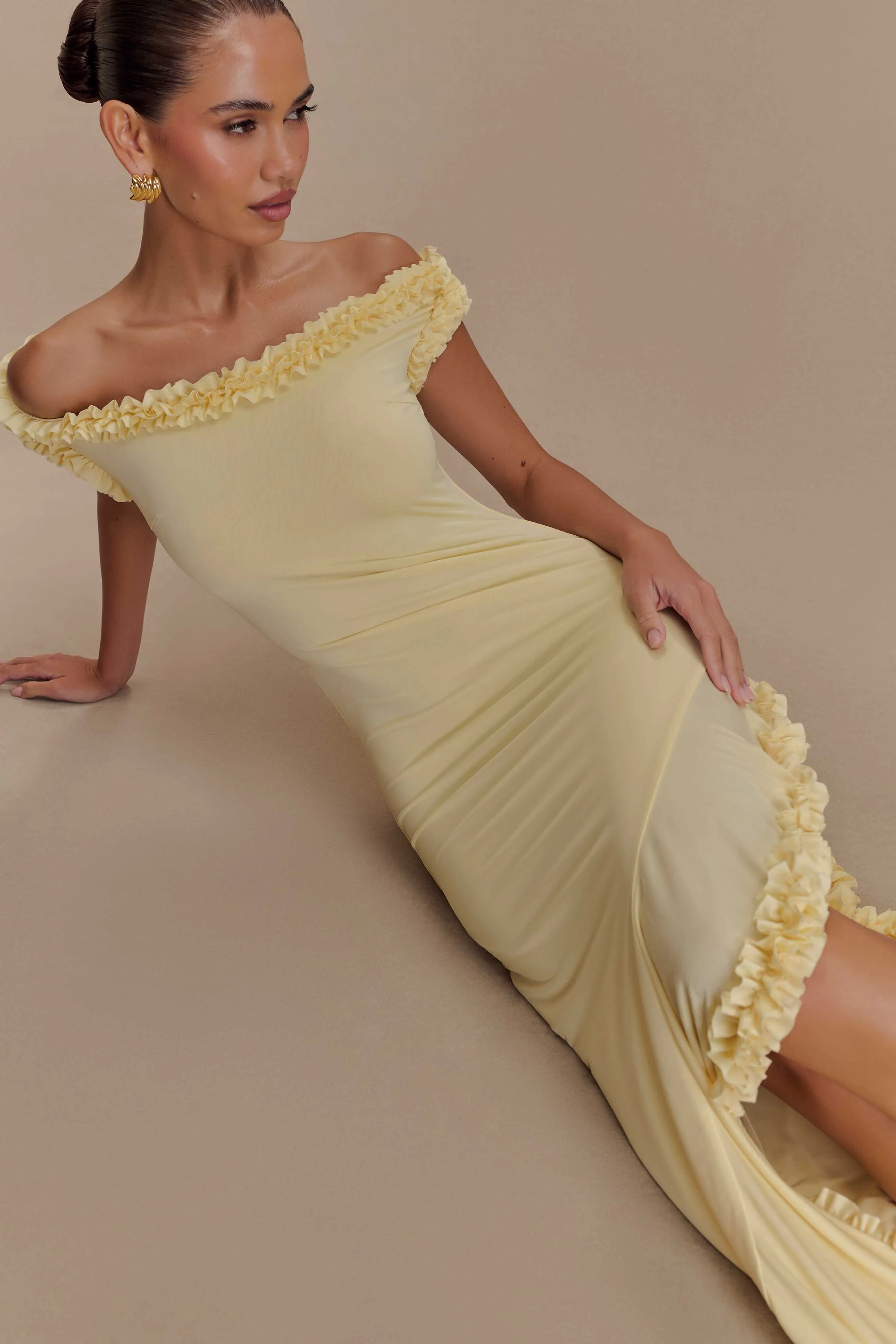 Arielle Off Shoulder Ruffle Midi Dress - Pastel Lemon sold by Meshki product image thumbnail 3