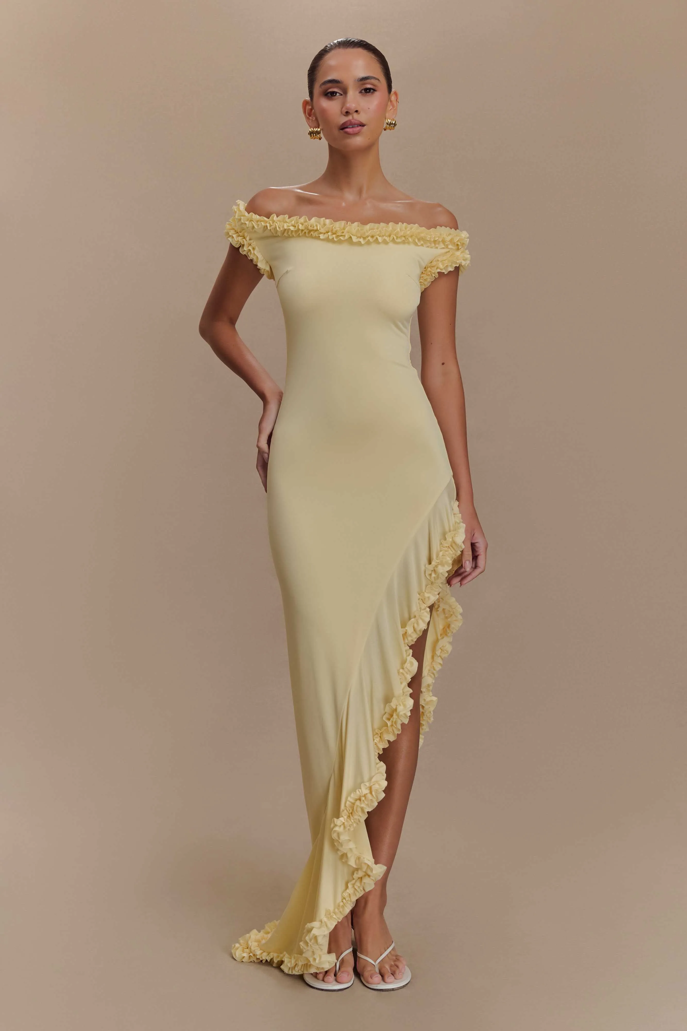 Arielle Off Shoulder Ruffle Midi Dress - Pastel Lemon sold by Meshki