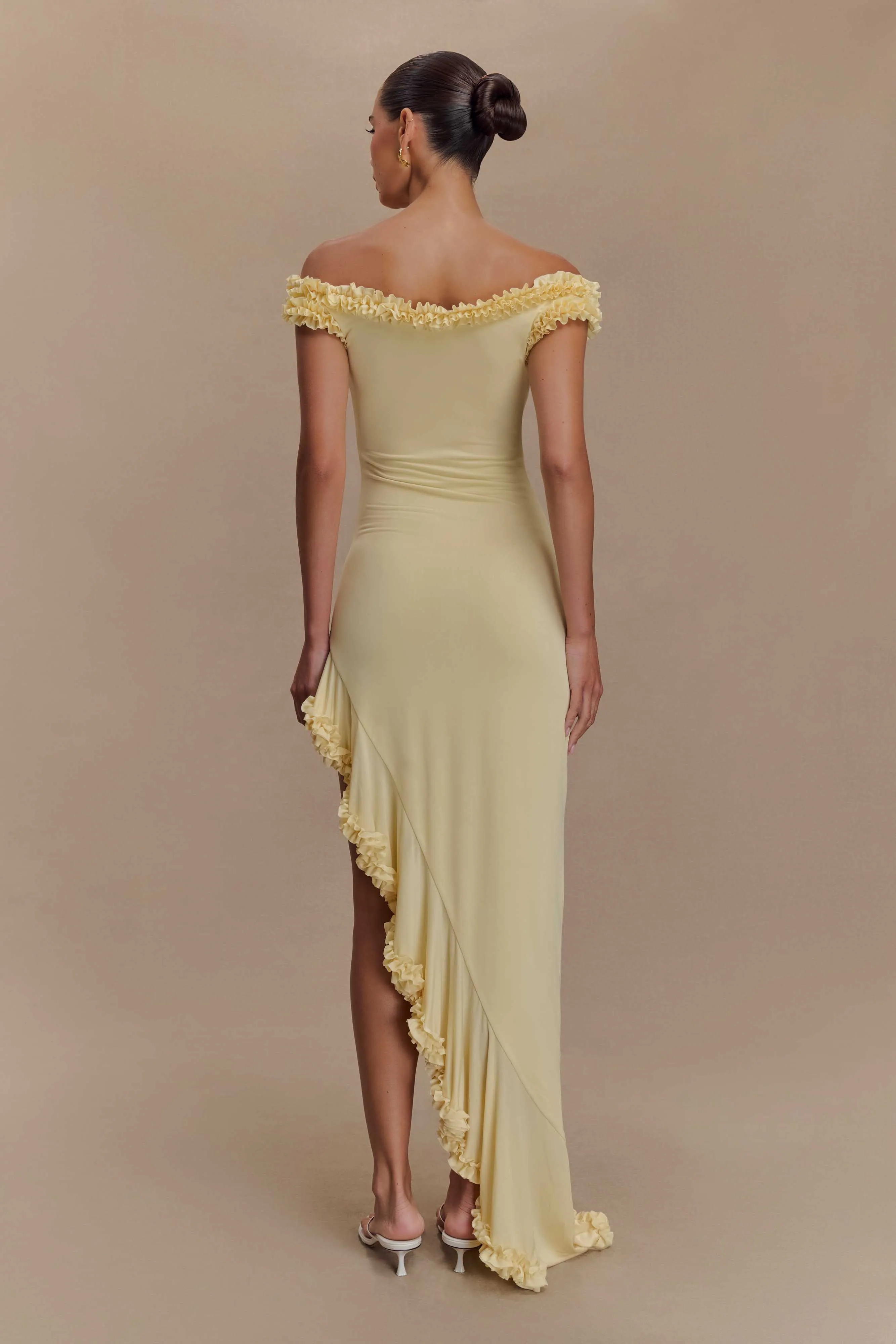 Arielle Off Shoulder Ruffle Midi Dress - Pastel Lemon sold by Meshki product image thumbnail 2