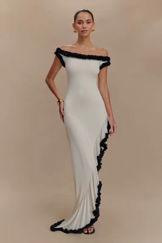 Arielle Off Shoulder Ruffle Midi Dress - Ivory/Black sold by Meshki