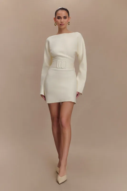 Kassie Belt Tie Knit Mini Dress - Ivory sold by Meshki