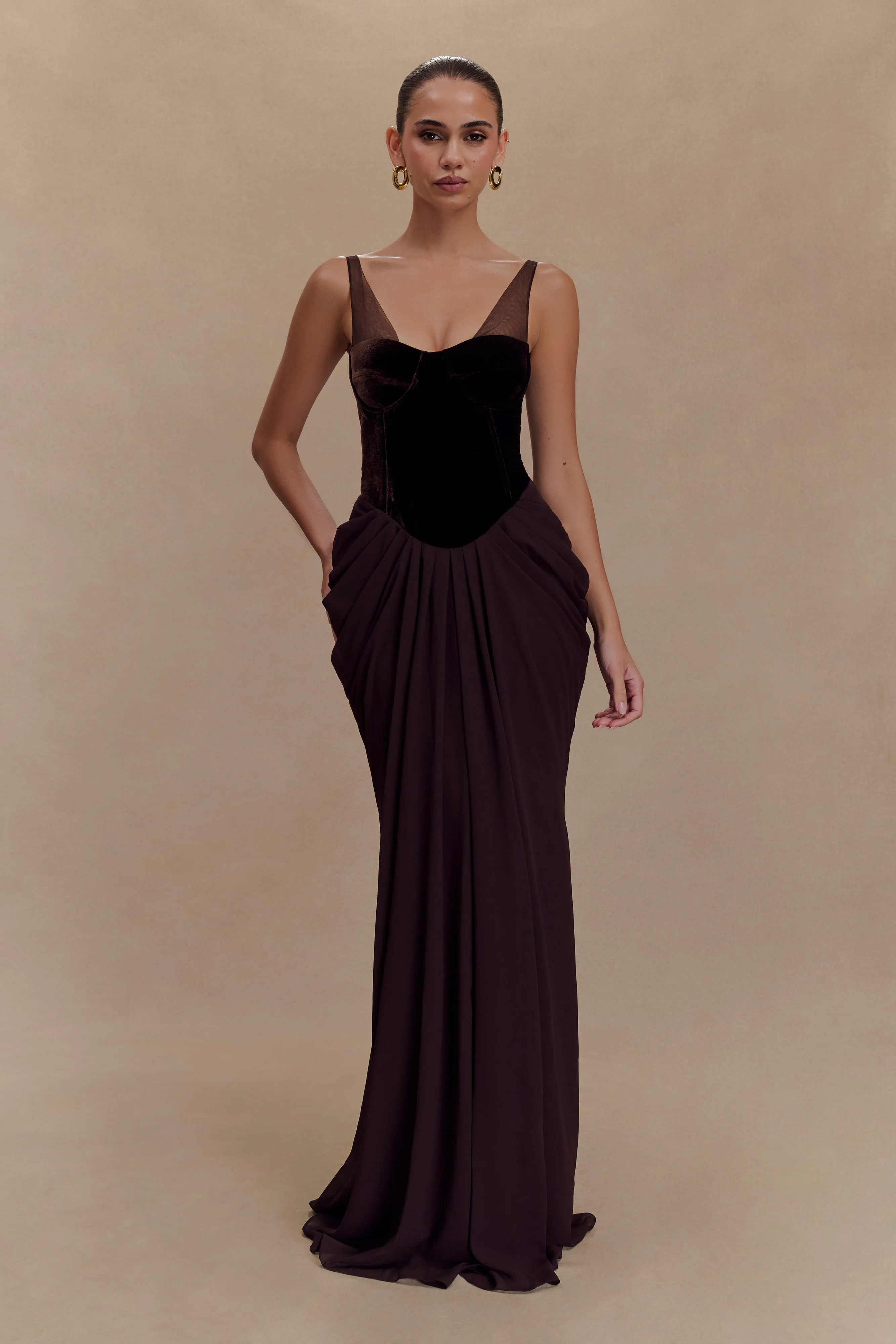 Roxanne Velvet Corset Maxi Dress - Cacao Brown sold by Meshki