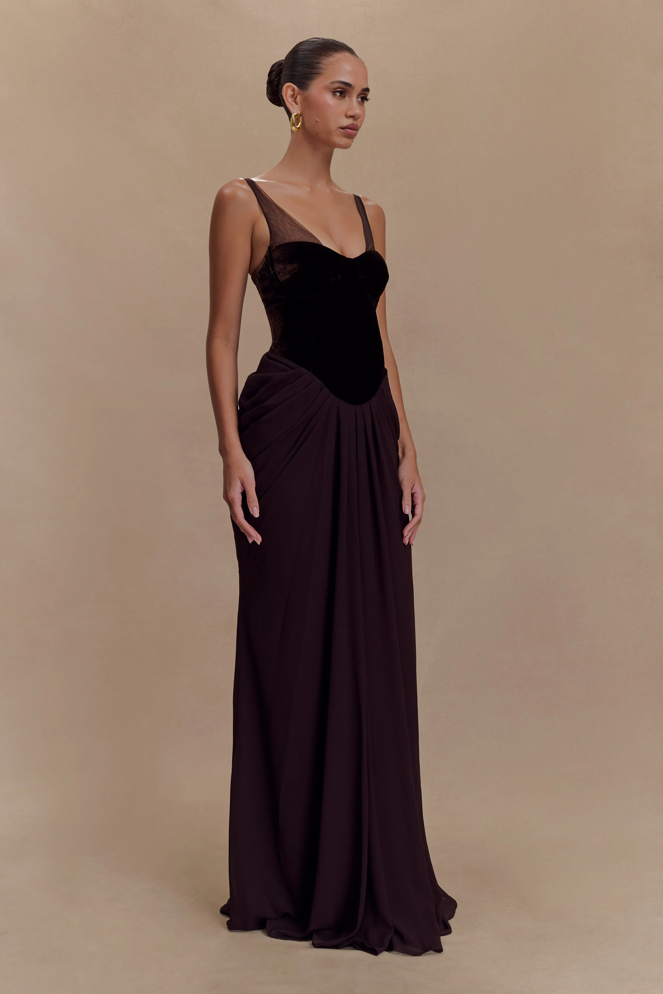 Roxanne Velvet Corset Maxi Dress - Cacao Brown sold by Meshki product image thumbnail 4