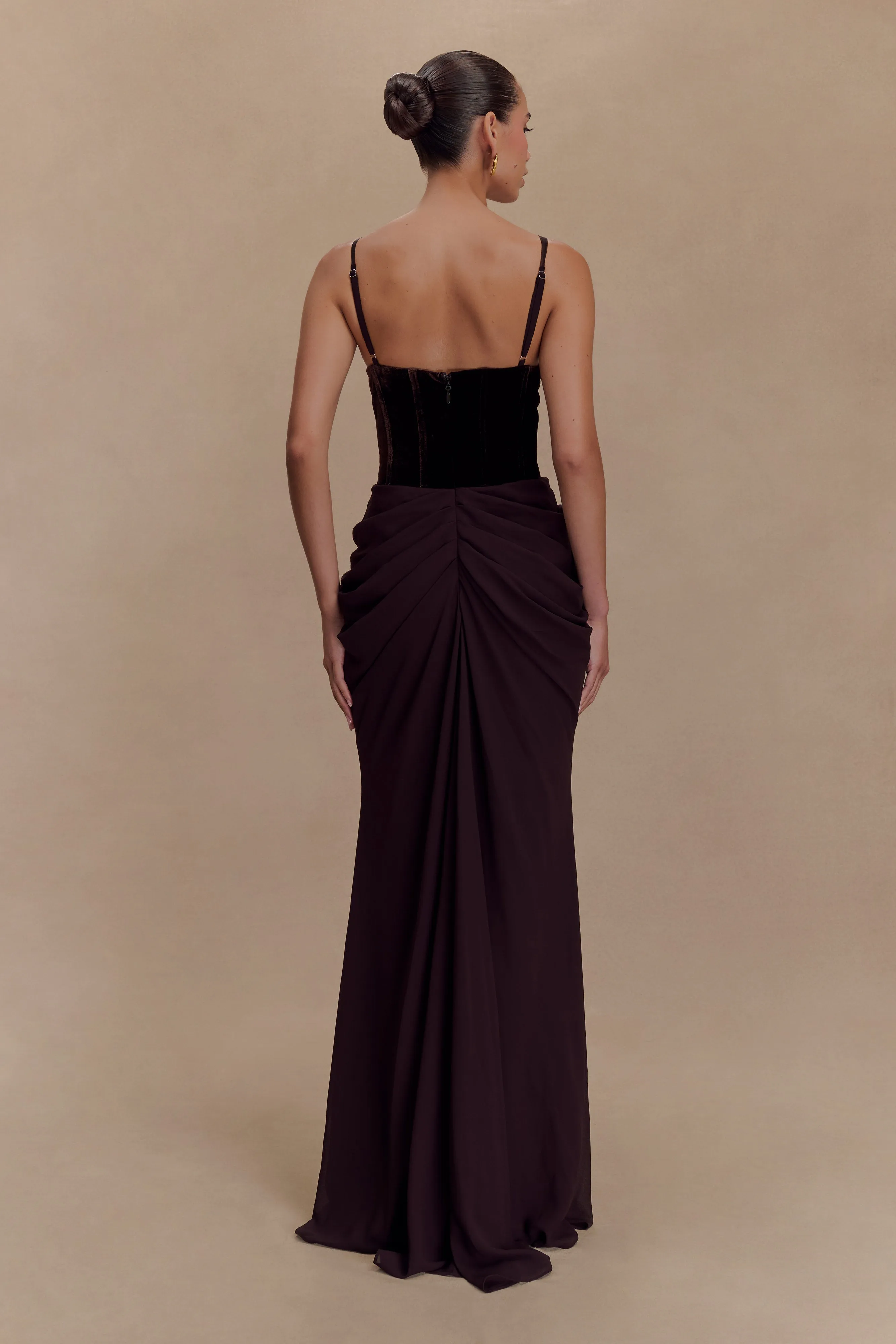 Roxanne Velvet Corset Maxi Dress - Cacao Brown sold by Meshki product image thumbnail 2