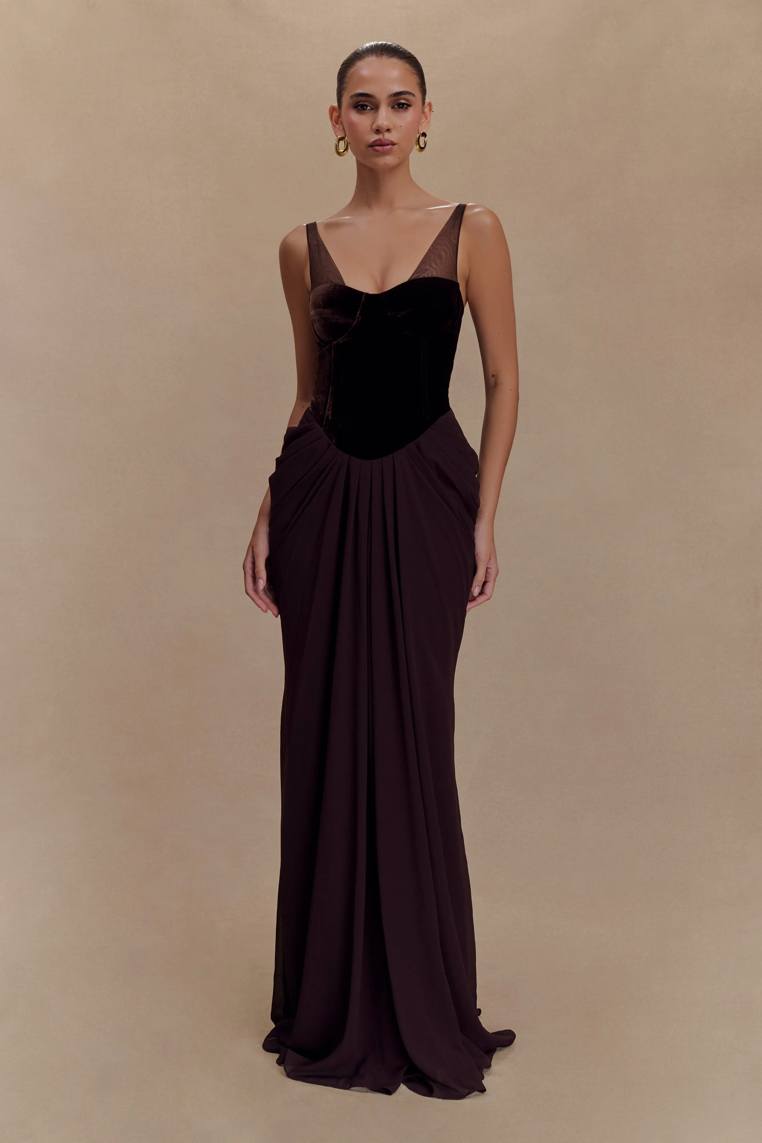 Roxanne Velvet Corset Maxi Dress - Cacao Brown sold by Meshki product image thumbnail 5