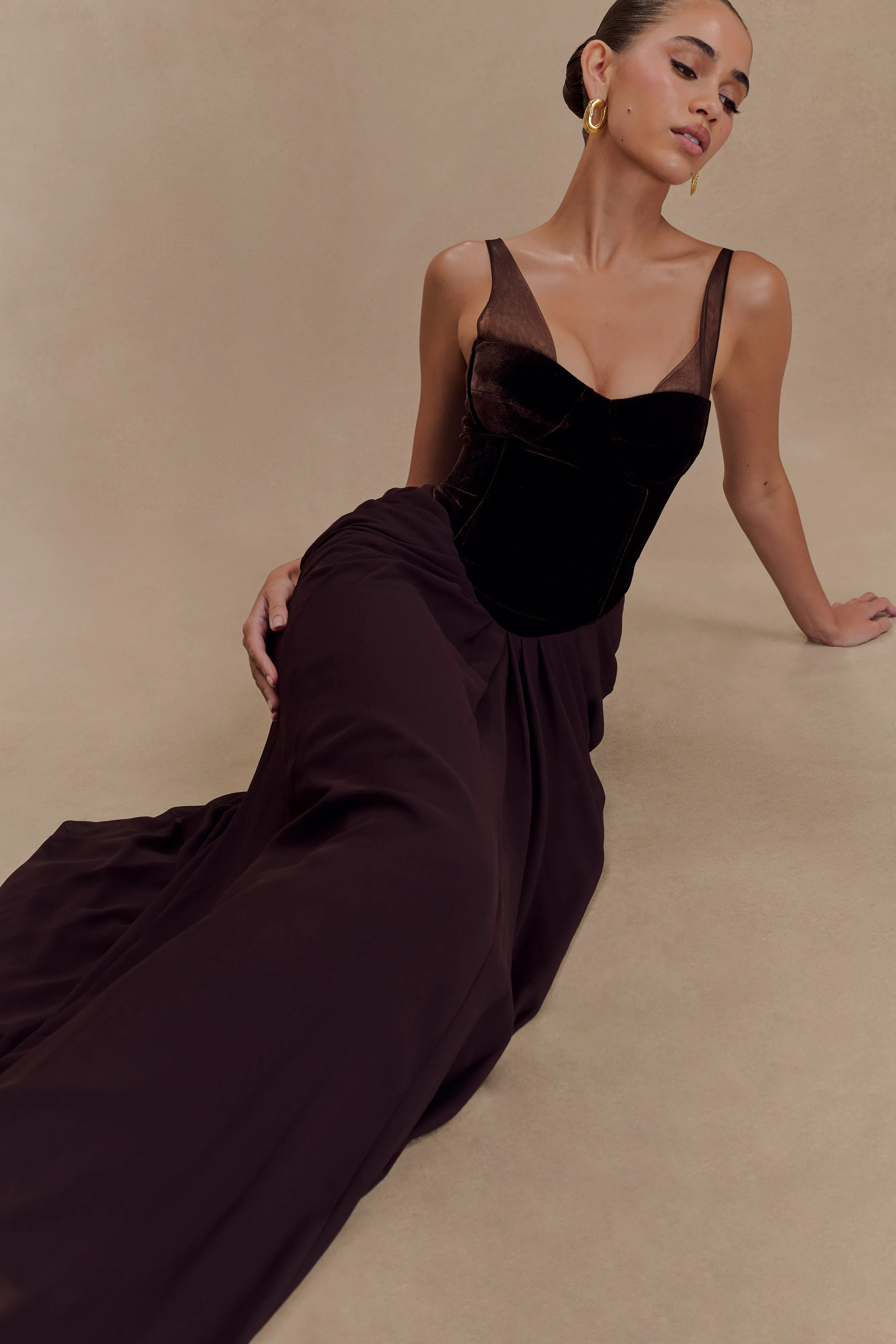 Roxanne Velvet Corset Maxi Dress - Cacao Brown sold by Meshki product image thumbnail 3