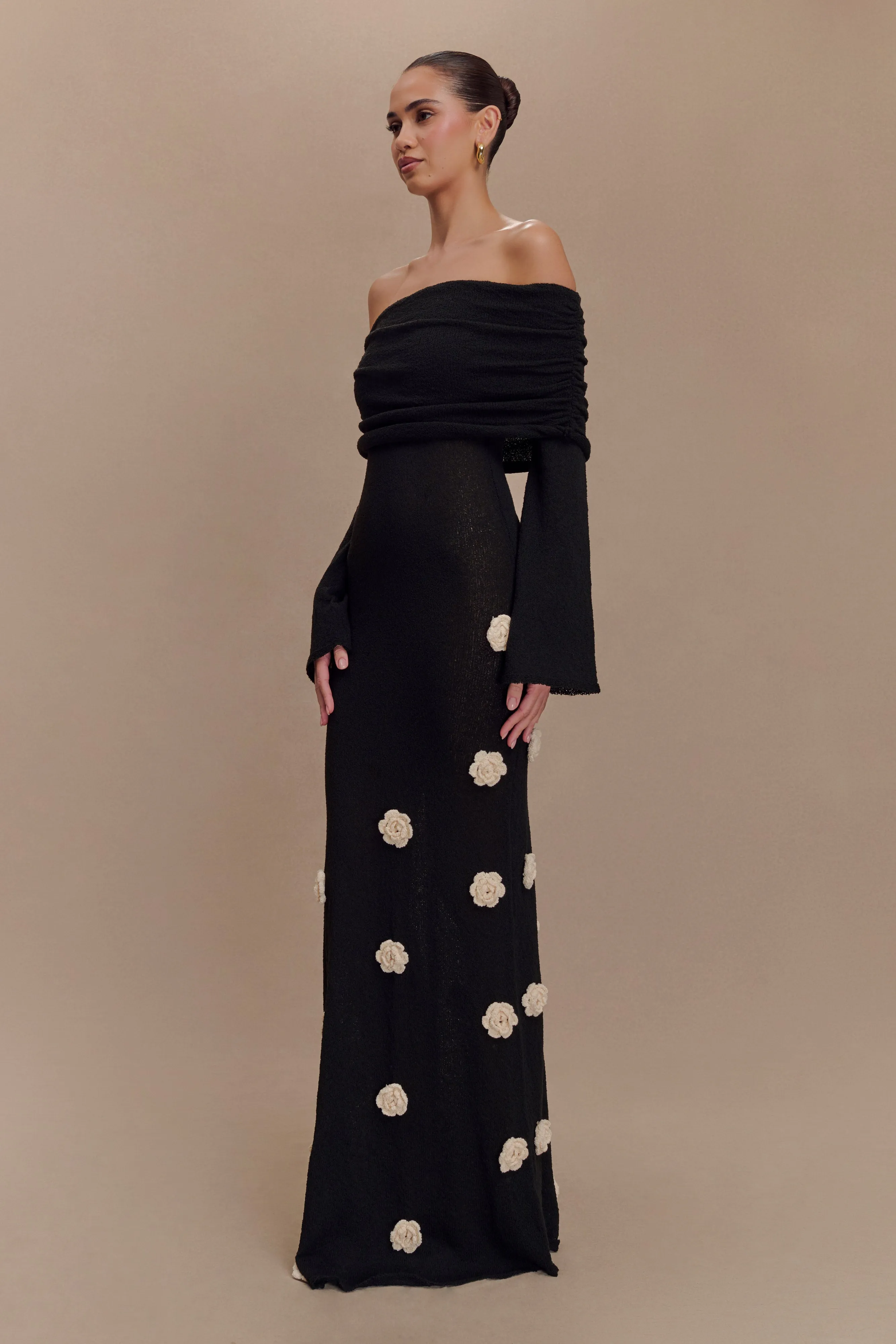 Kiki Off Shoulder Knit Rose Maxi Dress - Black/White sold by Meshki product image thumbnail 4