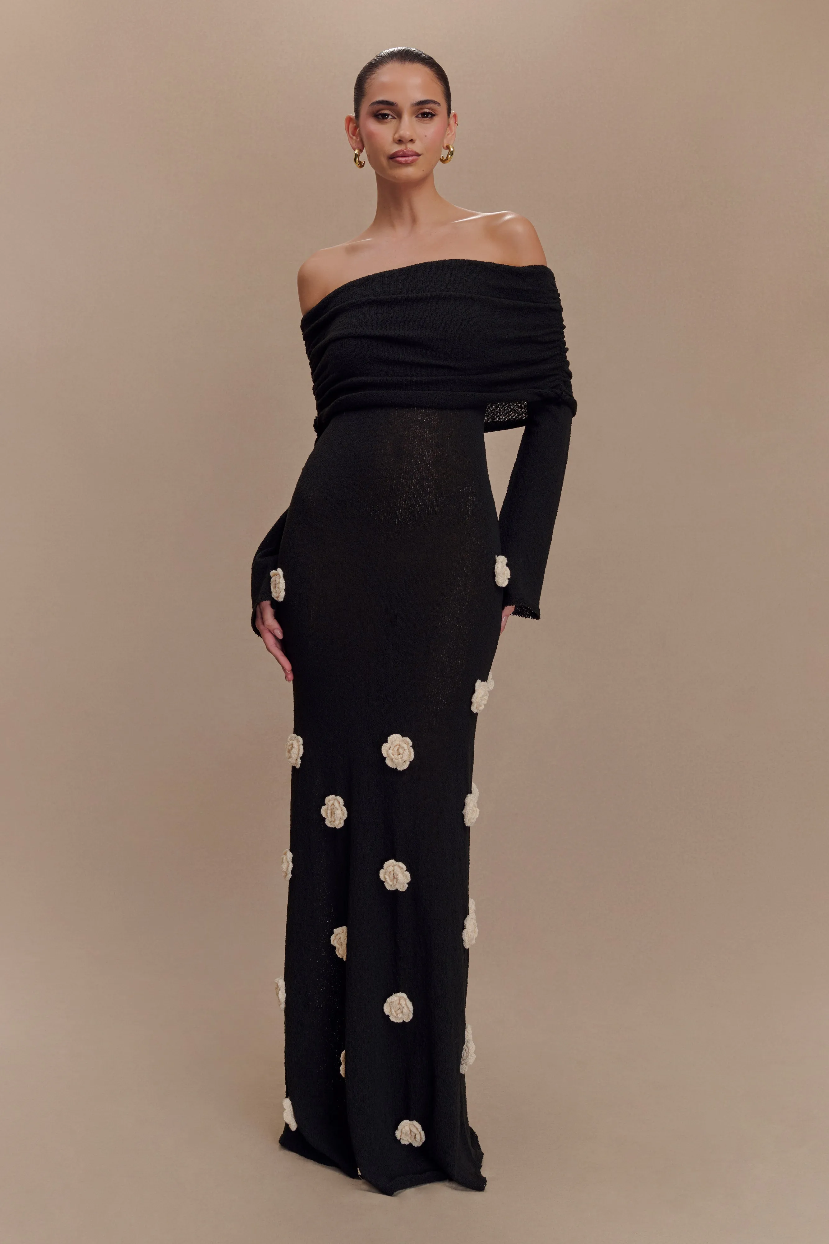 Kiki Off Shoulder Knit Rose Maxi Dress - Black/White sold by Meshki