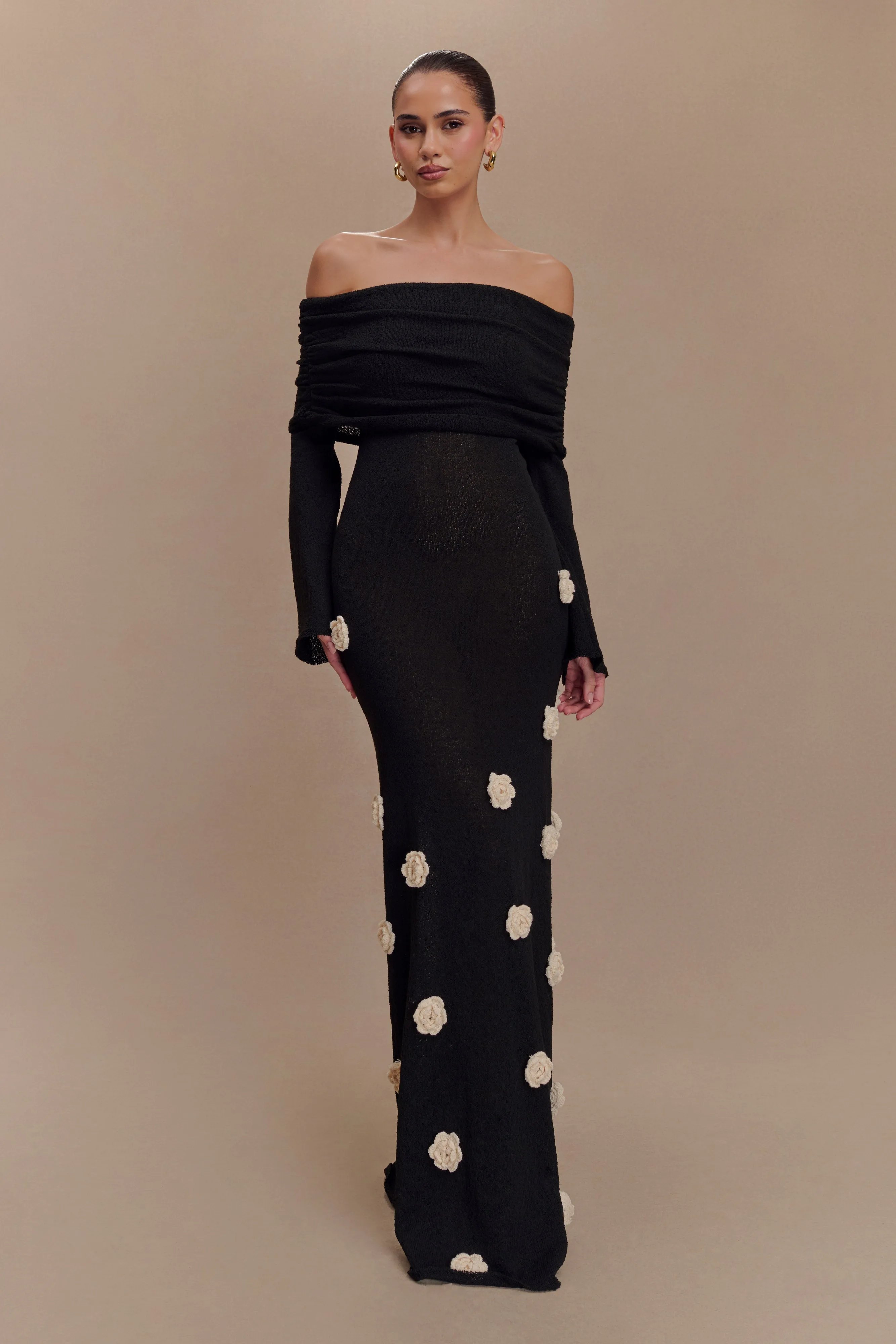 Kiki Off Shoulder Knit Rose Maxi Dress - Black/White sold by Meshki product image thumbnail 5
