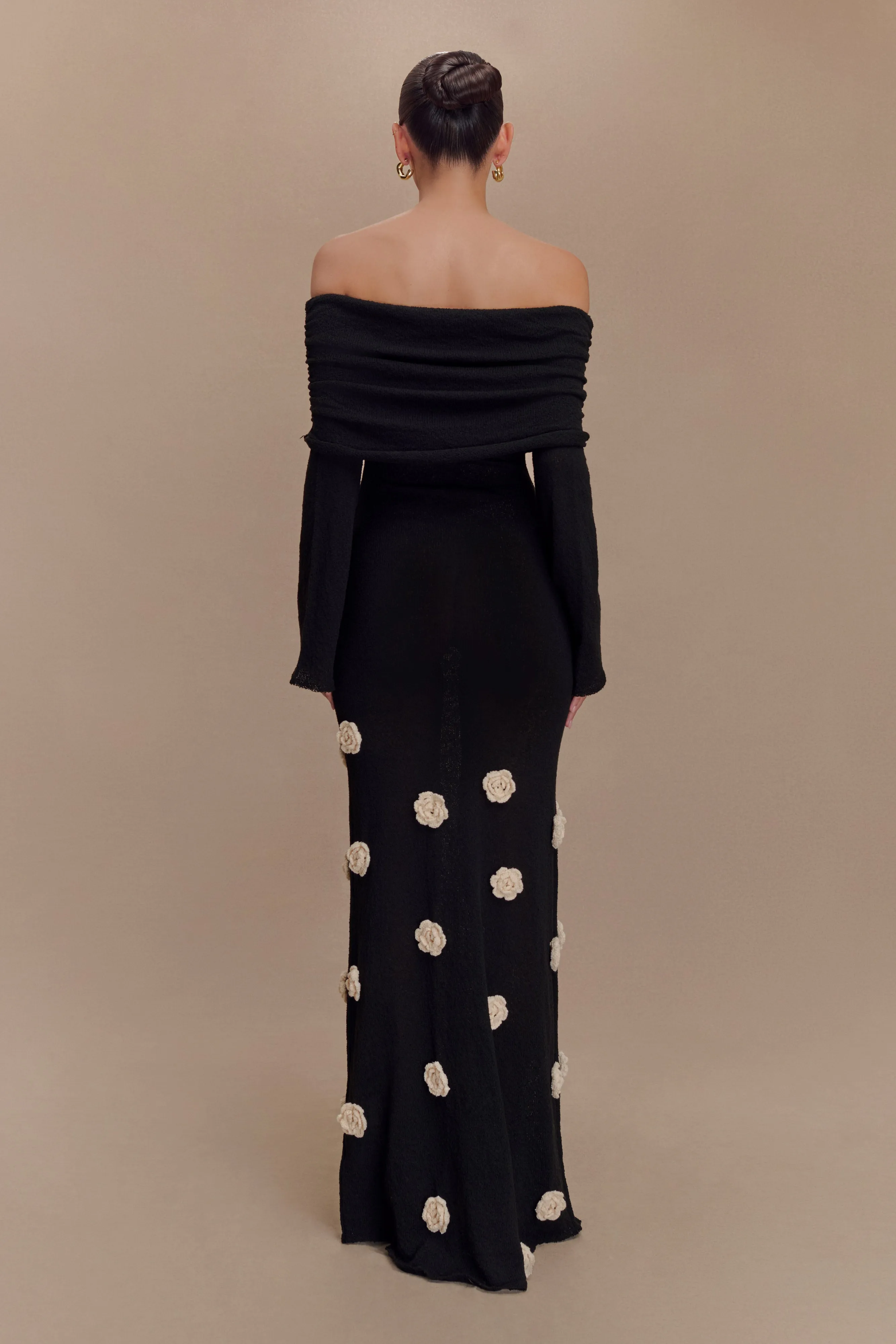 Kiki Off Shoulder Knit Rose Maxi Dress - Black/White sold by Meshki product image thumbnail 2