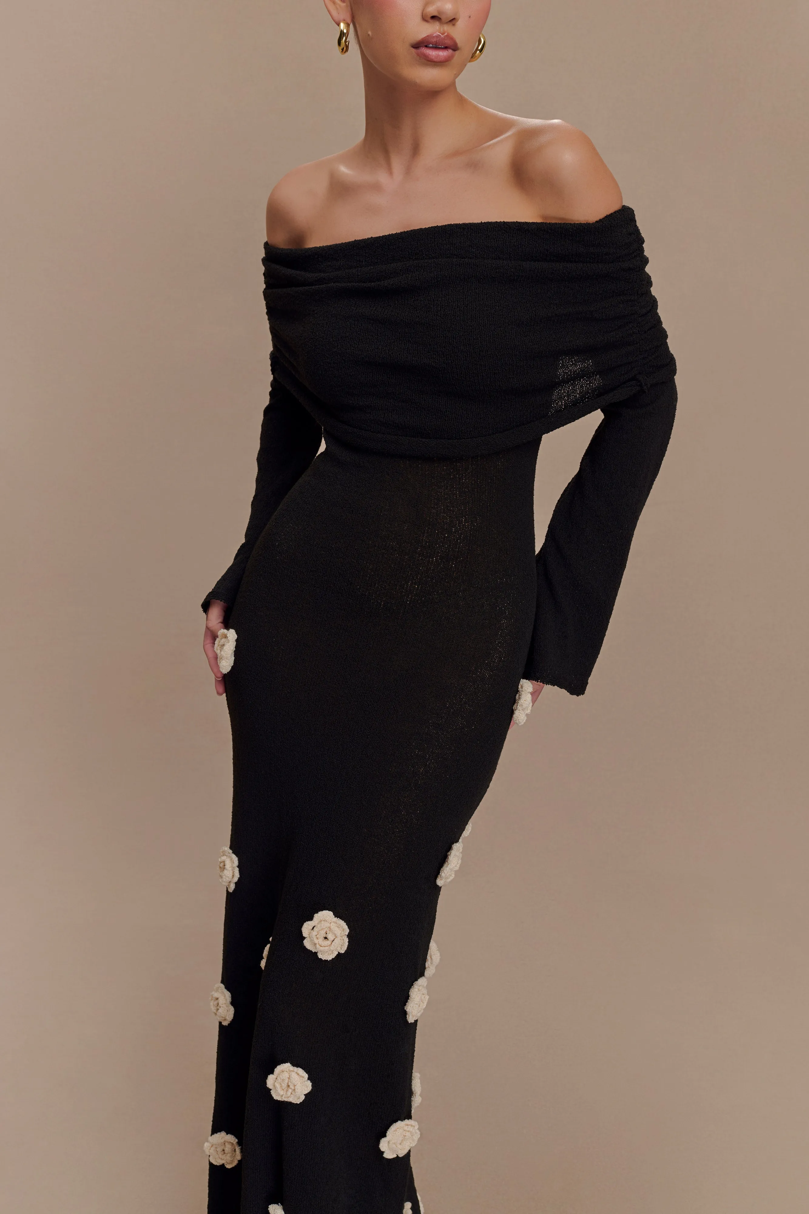 Kiki Off Shoulder Knit Rose Maxi Dress - Black/White sold by Meshki product image thumbnail 3