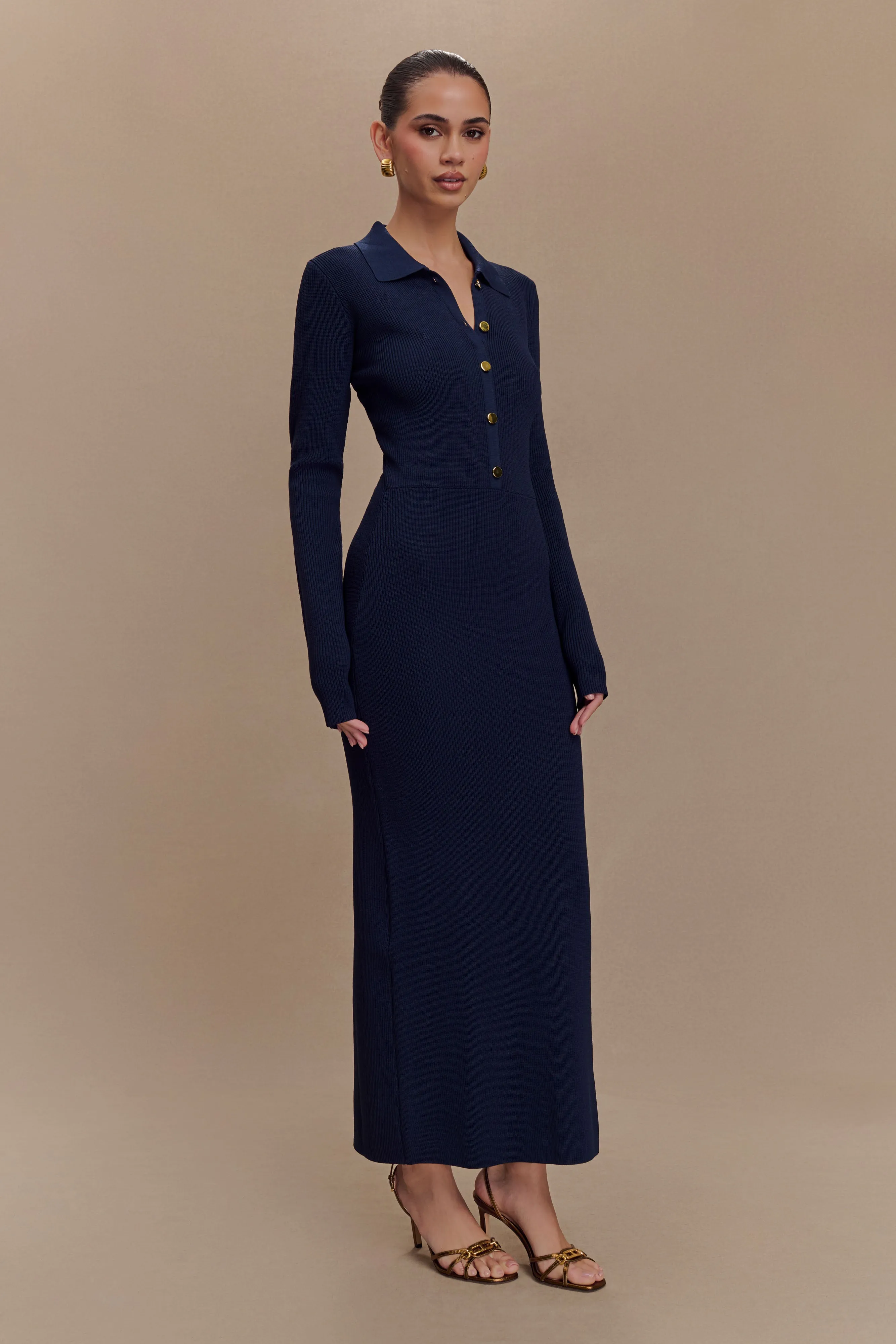 Abbey Buttoned Knit Midi Dress - Navy sold by Meshki product image thumbnail 4
