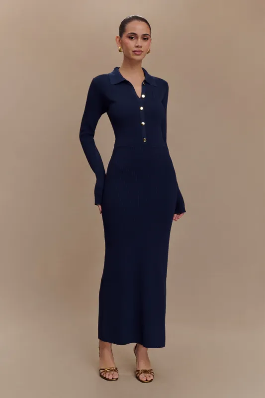 Abbey Buttoned Knit Midi Dress - Navy sold by Meshki