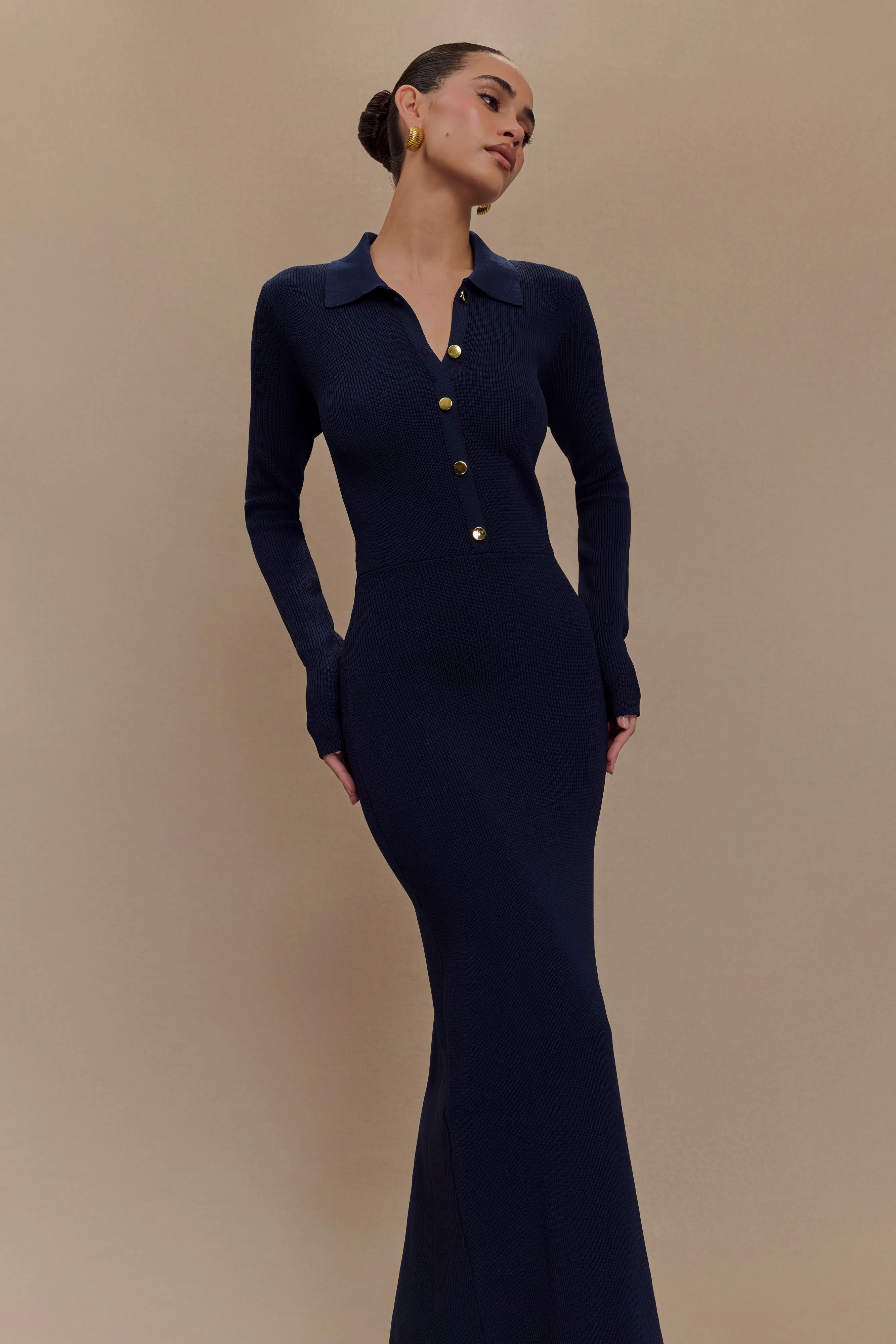 Abbey Buttoned Knit Midi Dress - Navy sold by Meshki product image thumbnail 3
