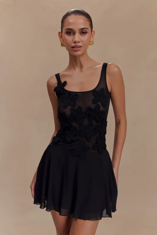 Melanie Mesh Mini Dress With Flowers - Black sold by Meshki