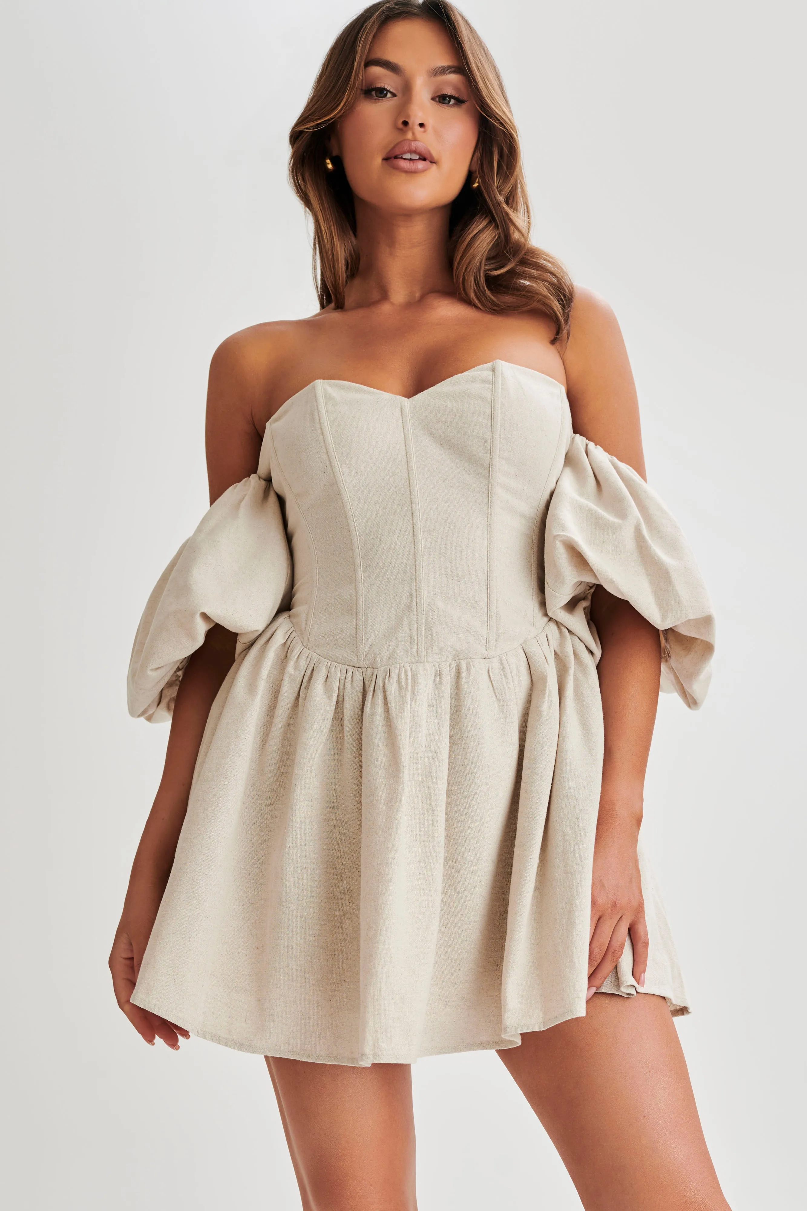 Siran Puff Sleeve Mini Dress - Natural sold by Meshki