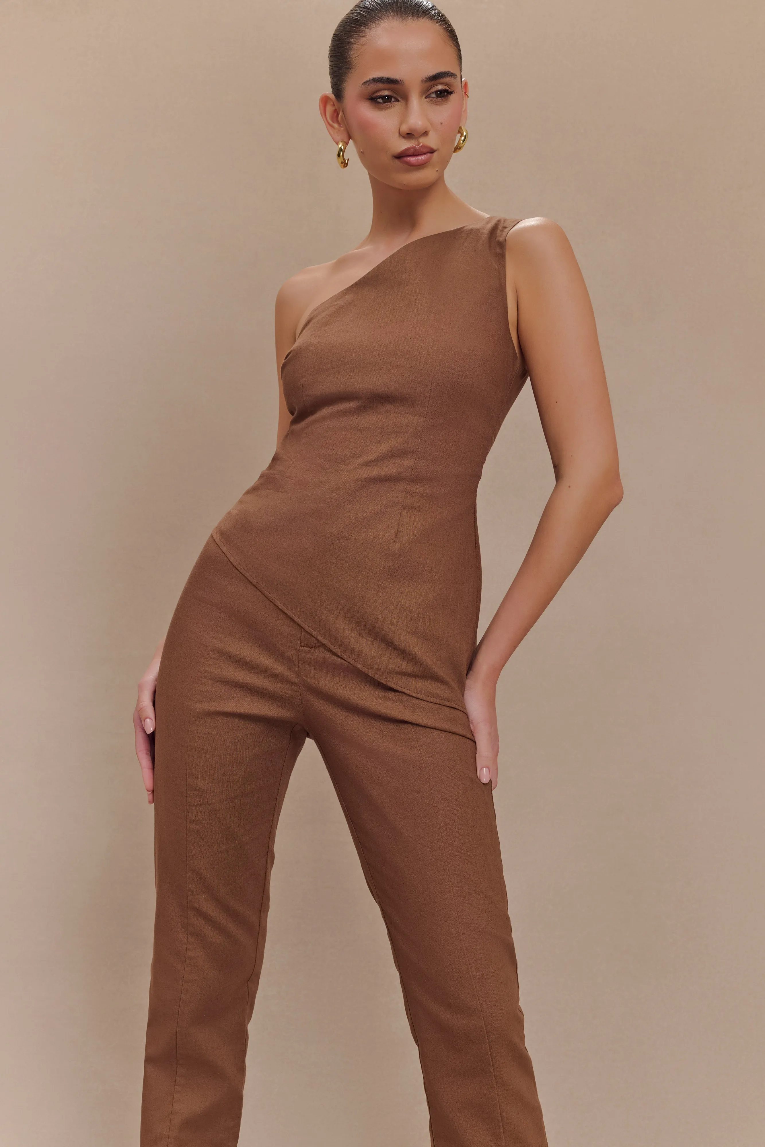 Dora Linen One Shoulder Top - Cacao Brown sold by Meshki product image thumbnail 3