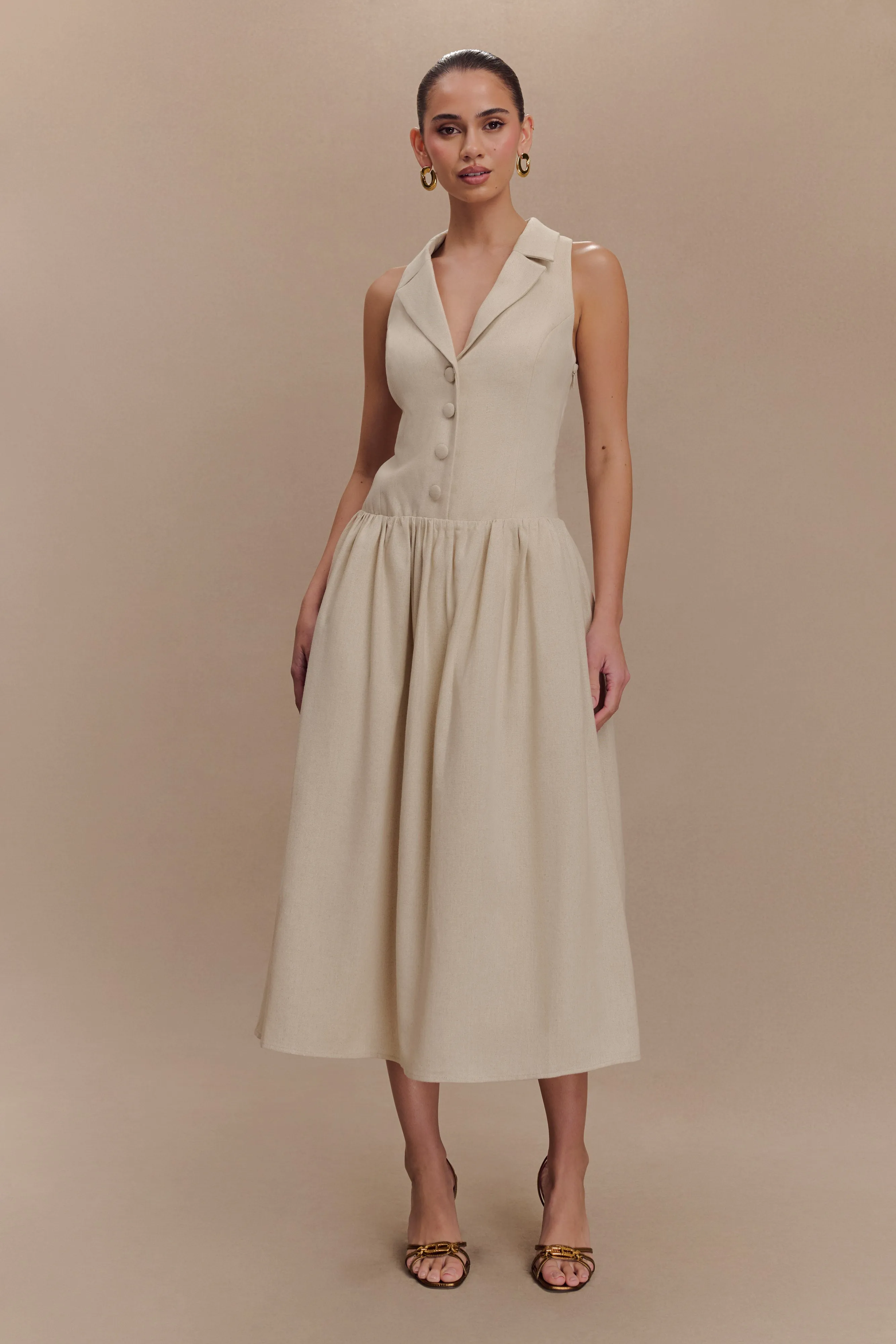 Valery Linen Midi Collar Dress - Natural sold by Meshki product image thumbnail 2